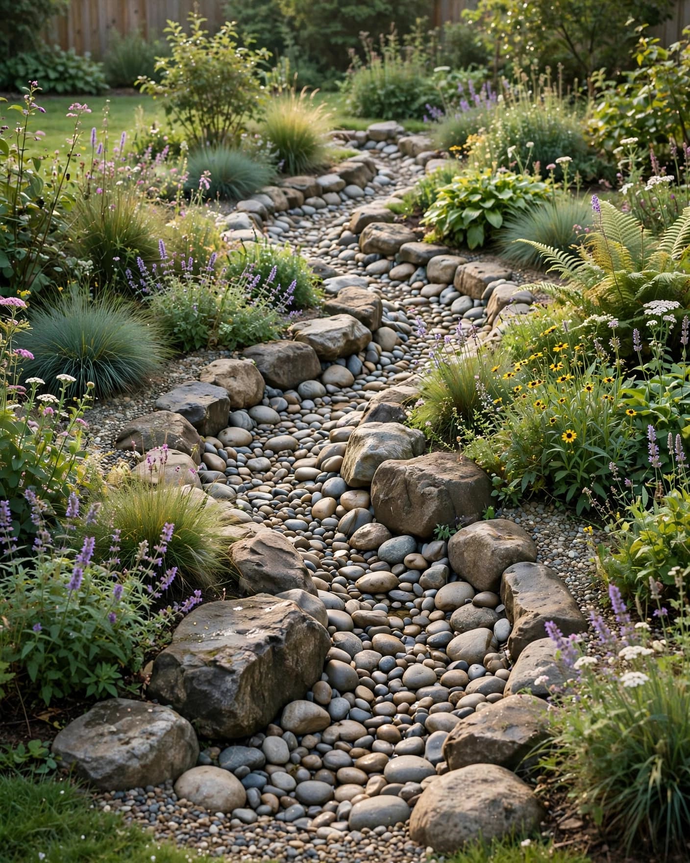 A stone-lined dry creek bed curves through a lush backyard garden.