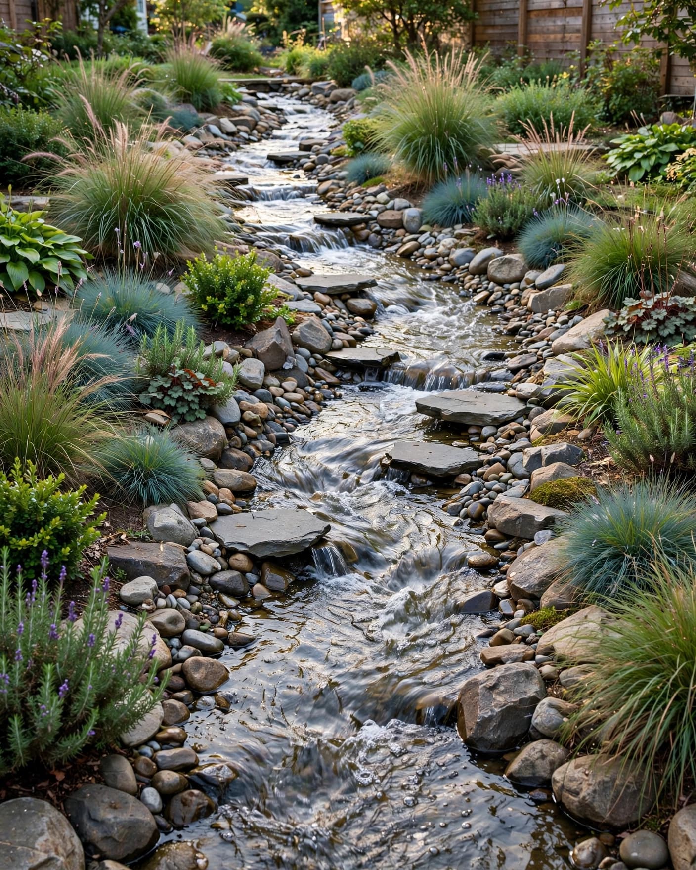 A dry creek swale with stepping stones, river rocks, grasses, and shrubs in a backyard.