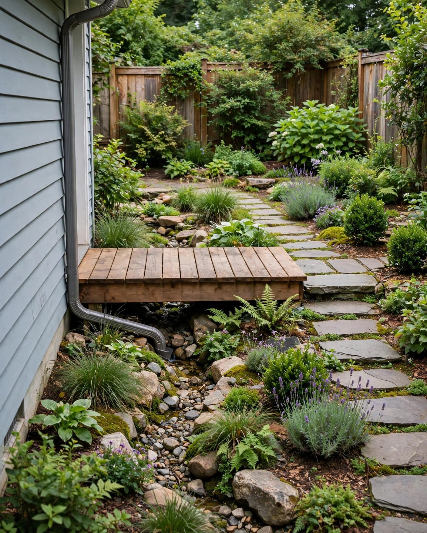 A wooden walkway crosses a planted drainage bed beside stepping stones and a garden border.