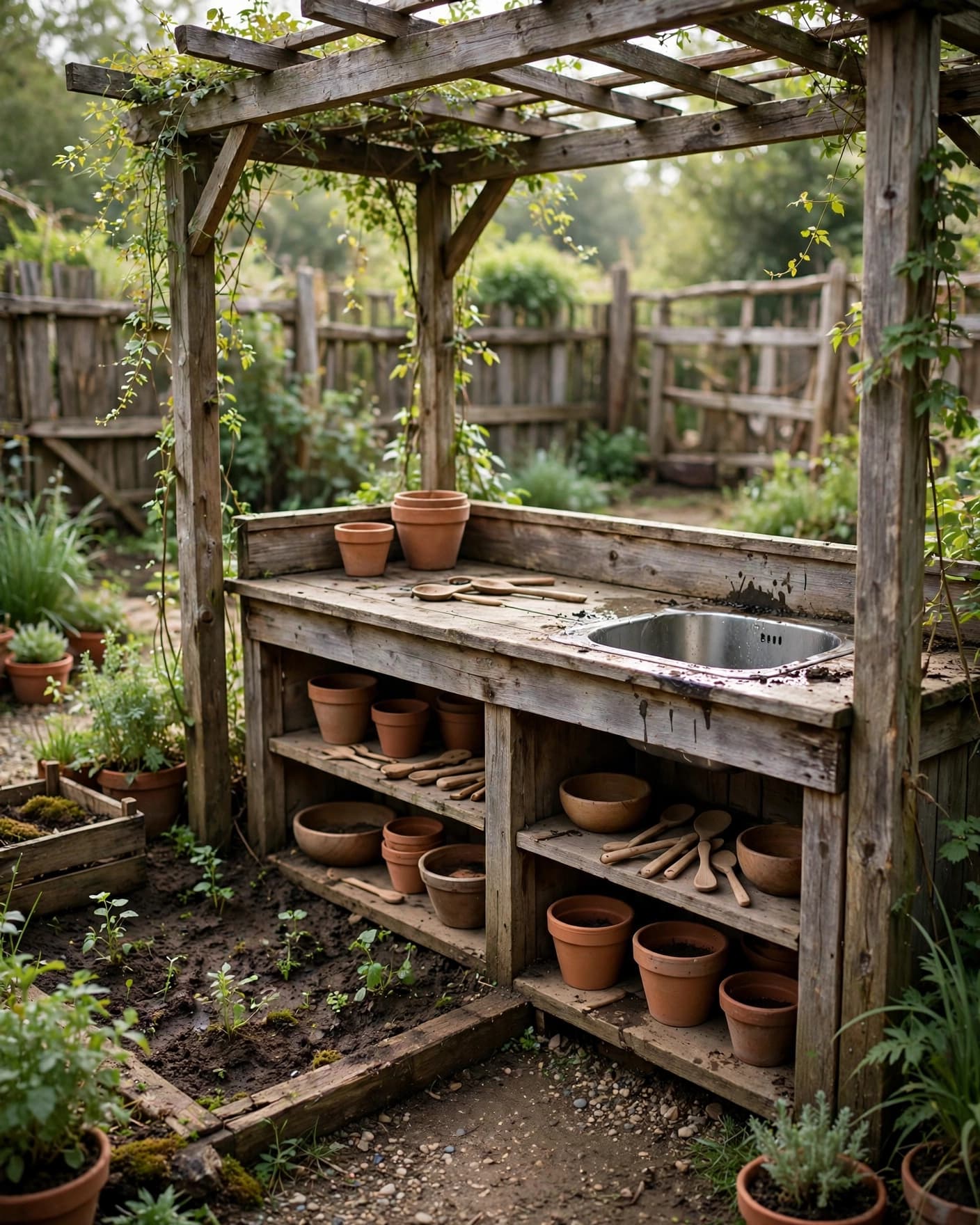 A wooden children's mud kitchen with a basin, pots, utensils, and garden bed.