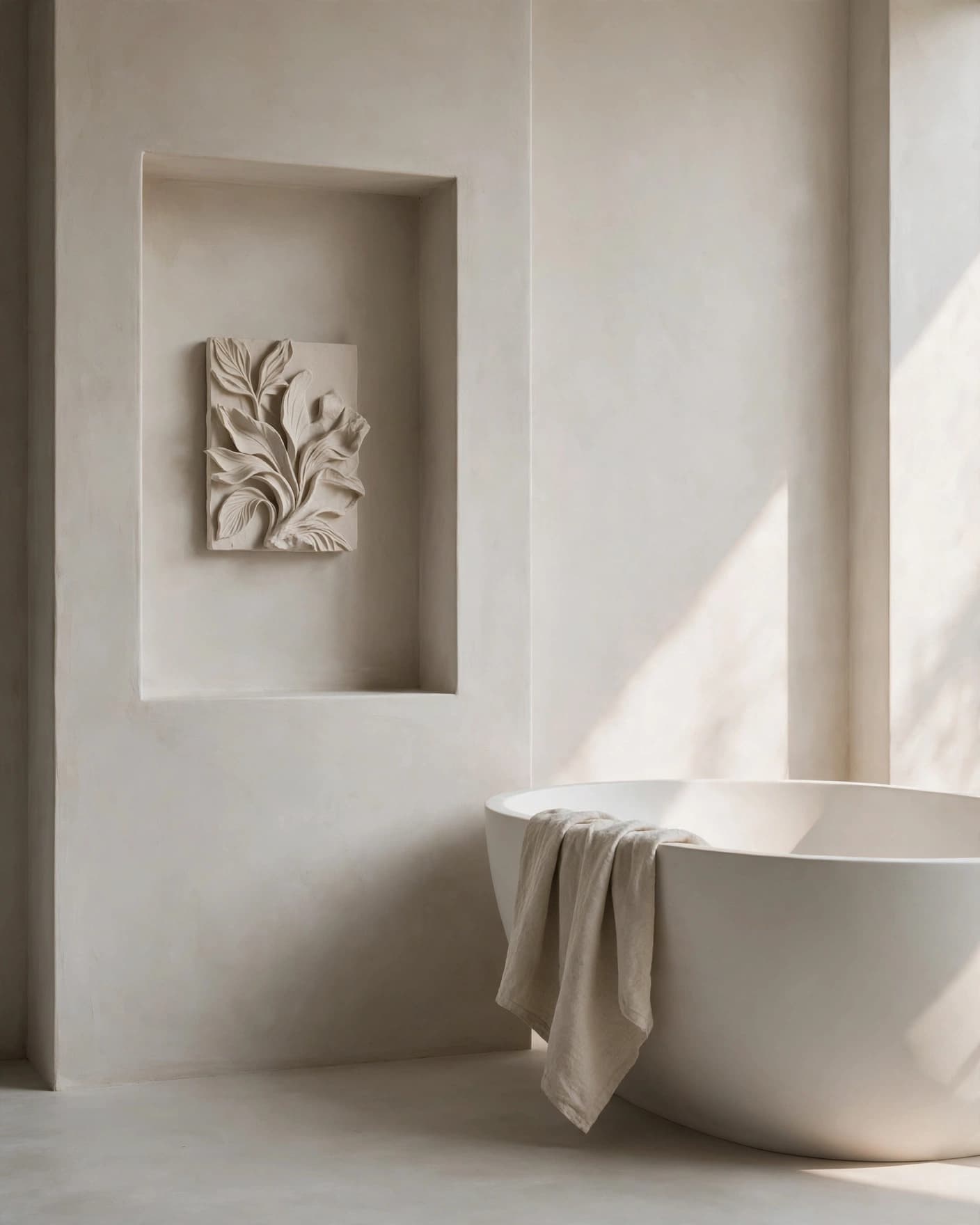 Ceramic wall art displayed in a recessed niche beside a freestanding bathtub.