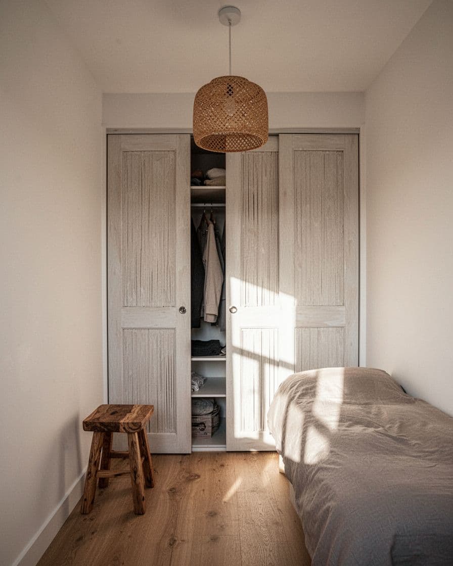 Small bedroom with a narrow bed, oak stool, woven pendant, and beadboard closet doors.