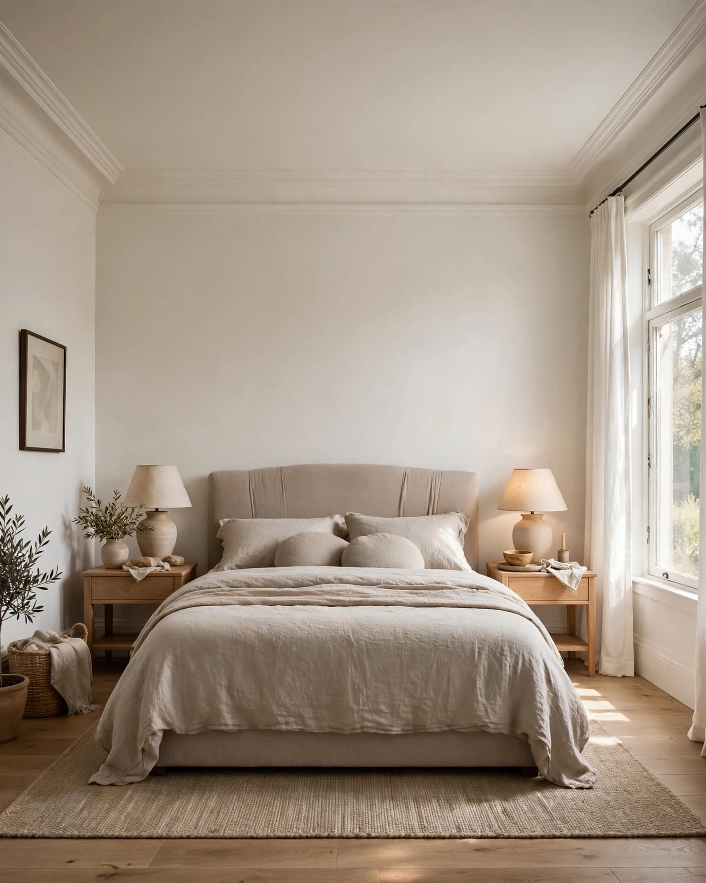 Crown molding frames a bedroom with a linen-covered bed and simple bedside tables.