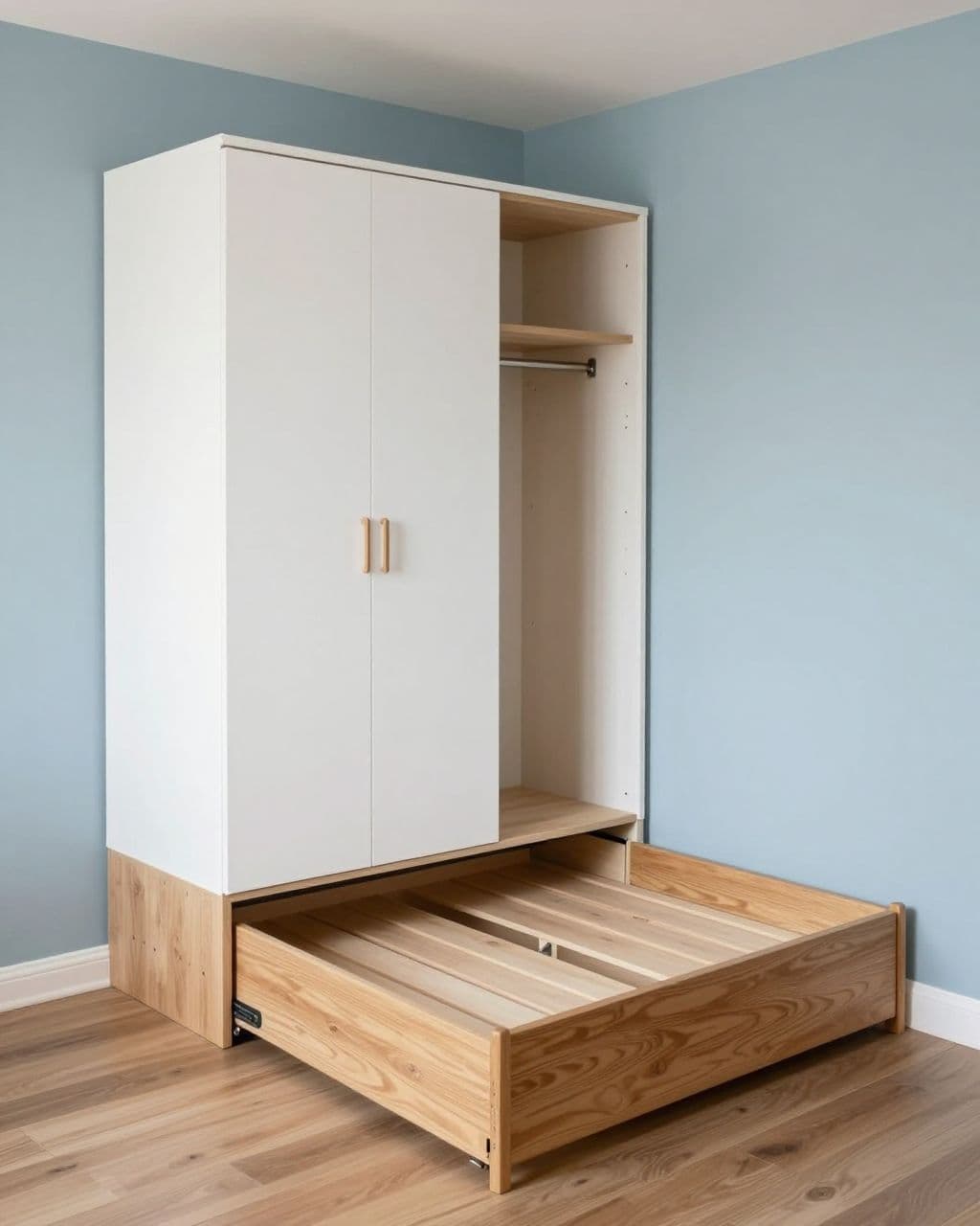 Small blue bedroom with an oak bed, visible drawers, and a white wardrobe.