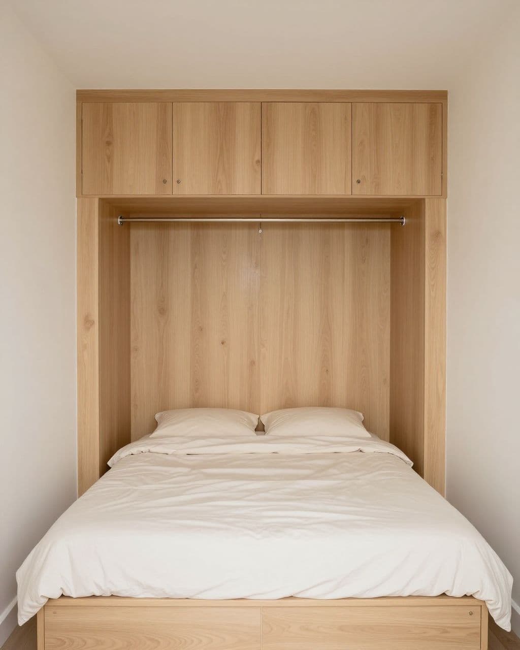 A small bedroom with a centered bed, oak wardrobe wall, cream bedding, and sconces.