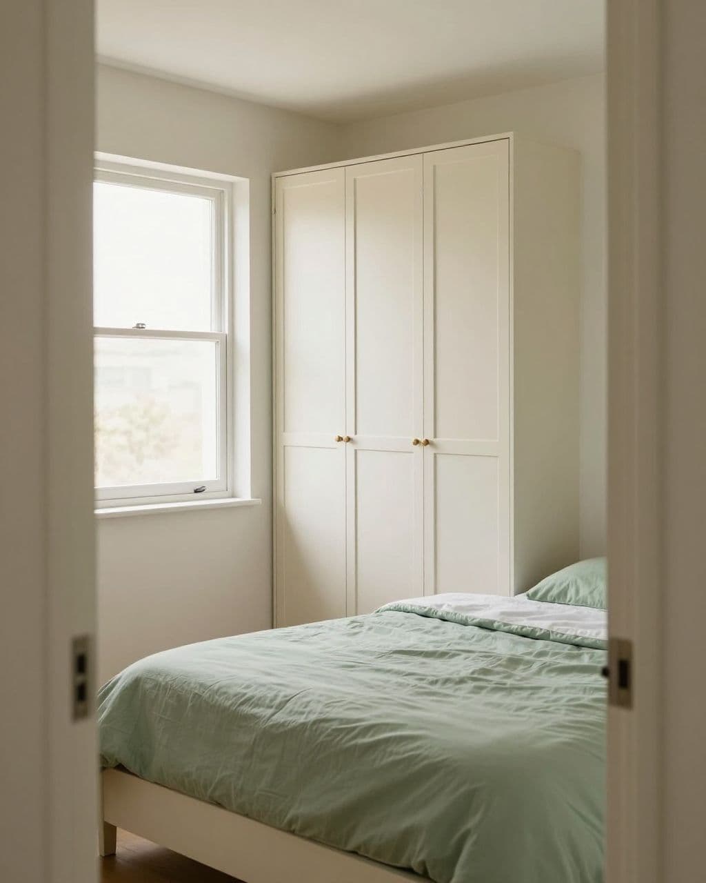 A cream wardrobe beside a window in a small bedroom with green bedding.