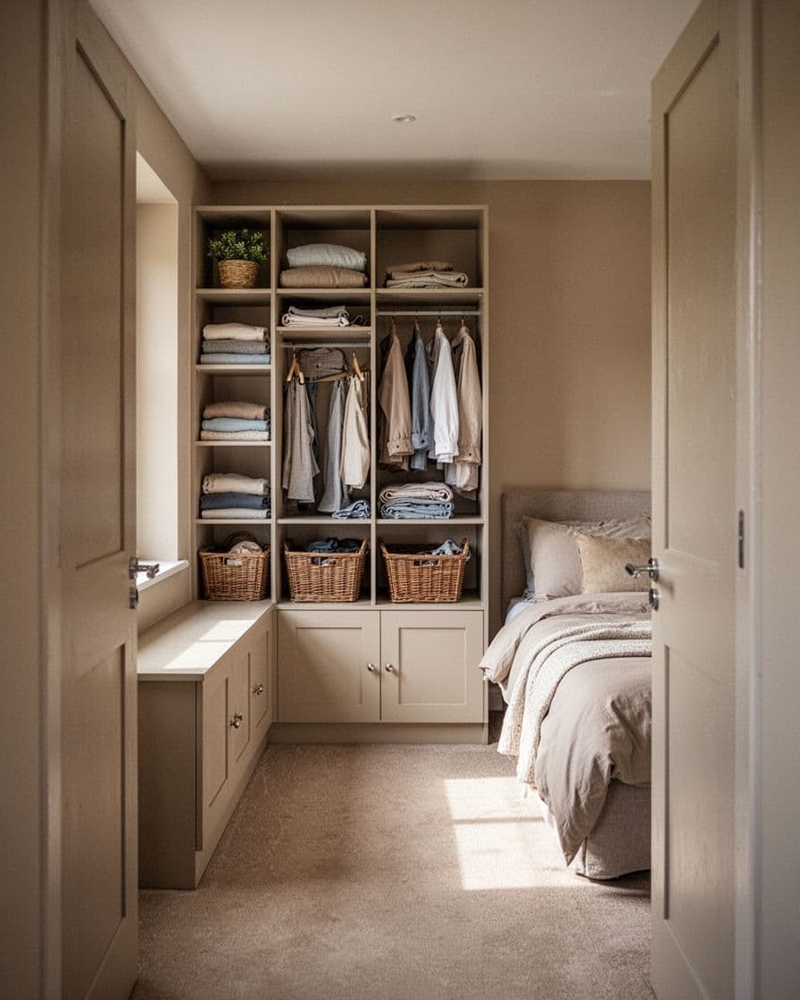 Small beige bedroom with open wardrobe cubbies, baskets, and closed lower cabinets.
