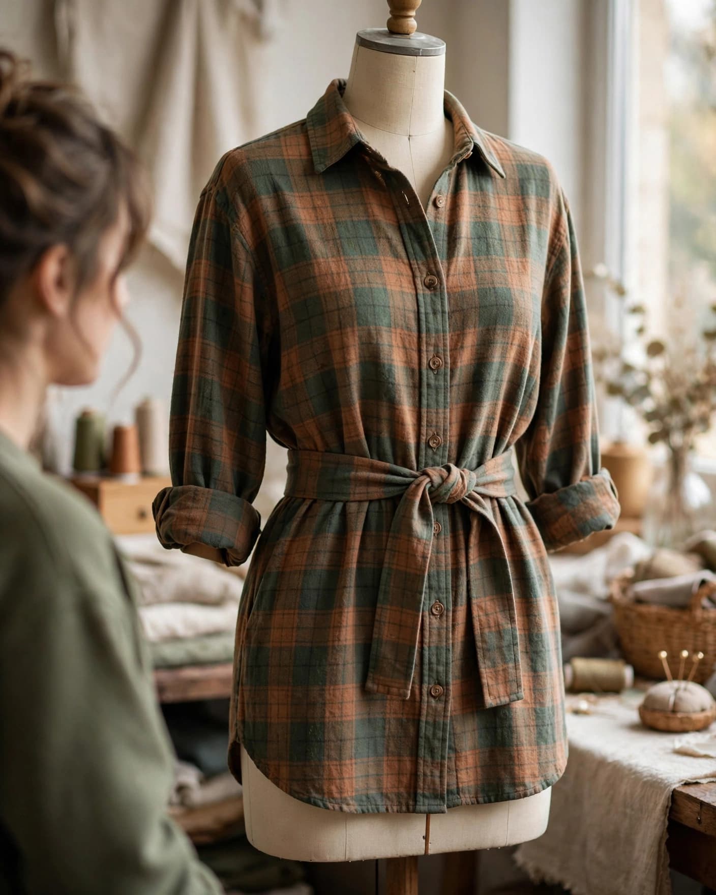 A belted flannel shirt dress with rolled sleeves stands on a dress form in a warm sewing studio.