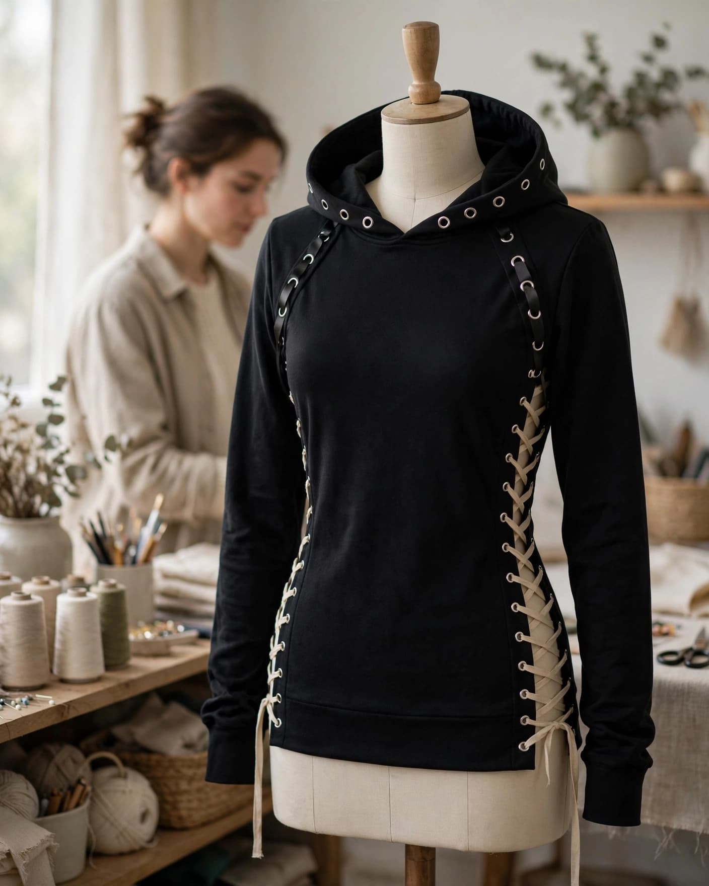 Black hoodie with silver grommets and side ribbon lacing on a dress form.