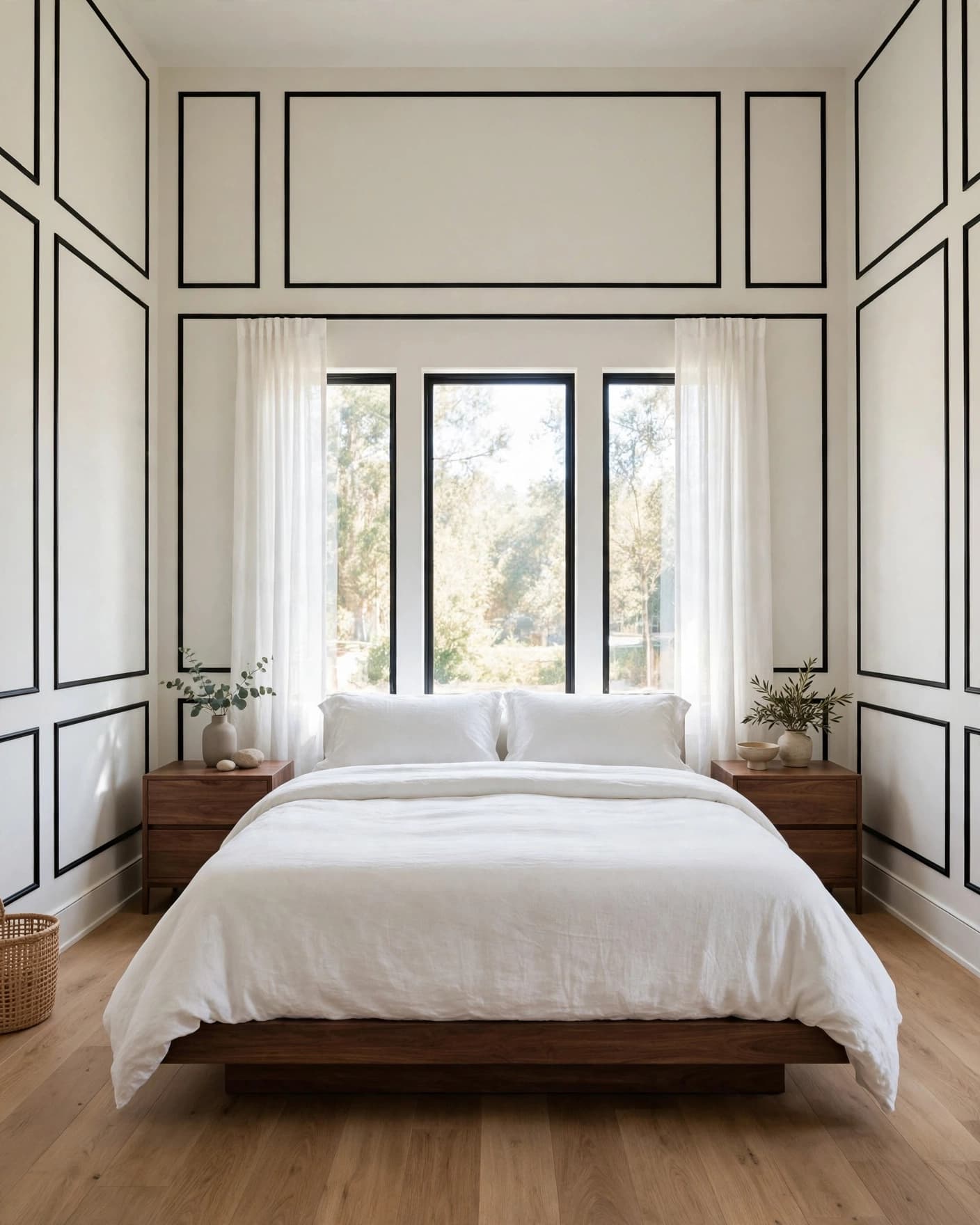 A low bed with white bedding sits between walnut nightstands against walls with black trim.