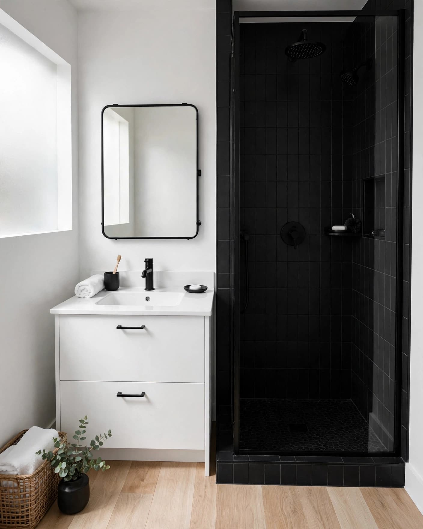 Small black-and-white bathroom with a tiled shower, white vanity, and framed mirror.