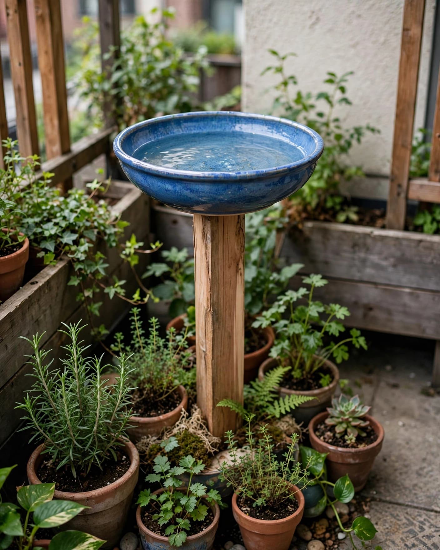 Blue bowl bird bath on a cedar post among balcony plants.