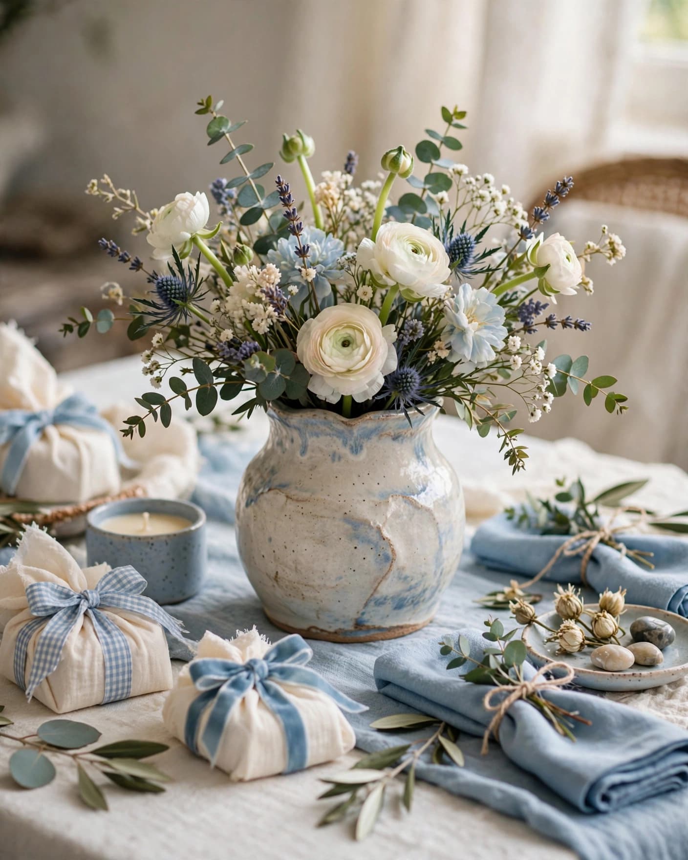 Ceramic vase with fresh flowers on a blue and cream baby shower table.