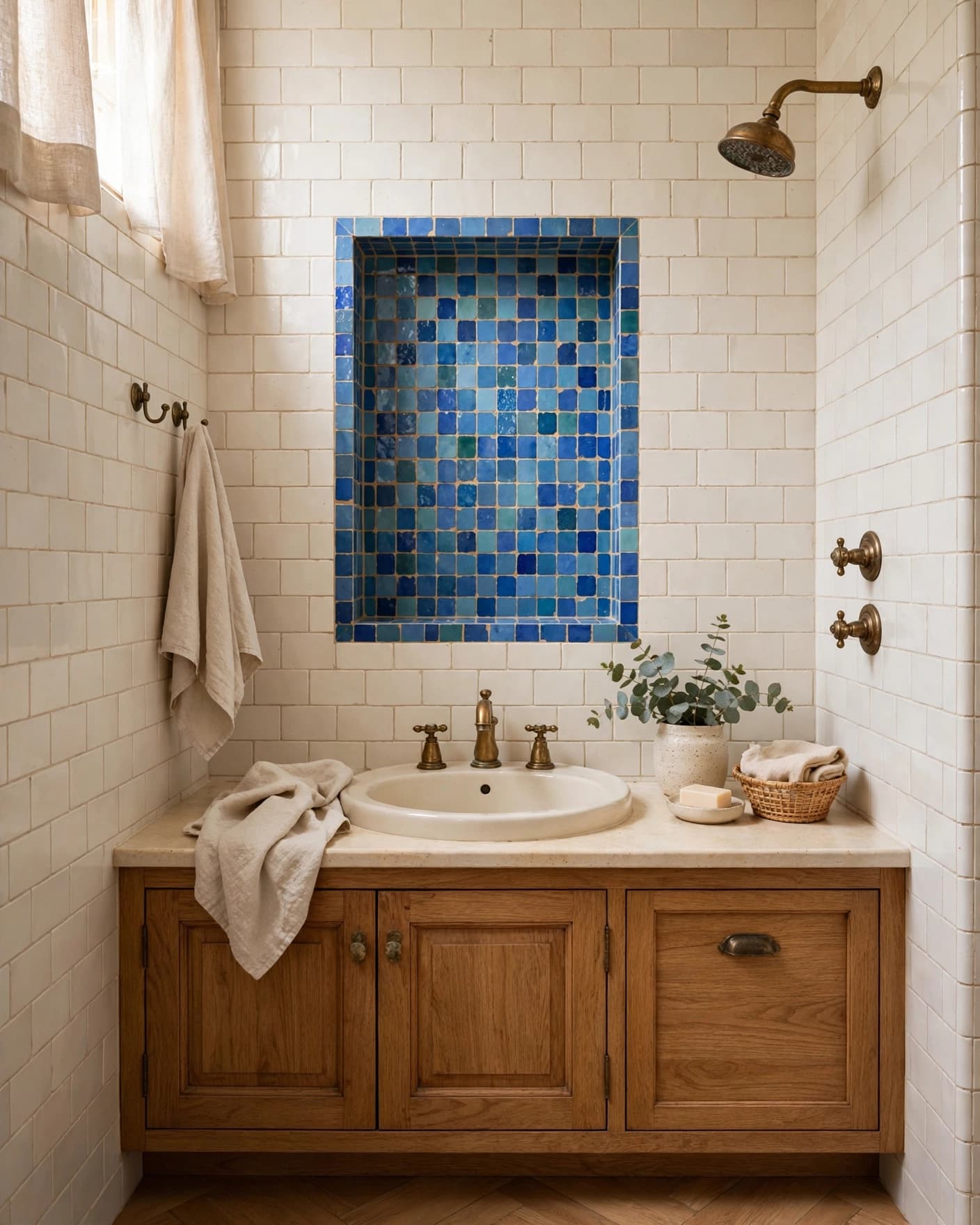 Bathroom with a blue tiled shower niche, oak vanity, and brass fixtures.