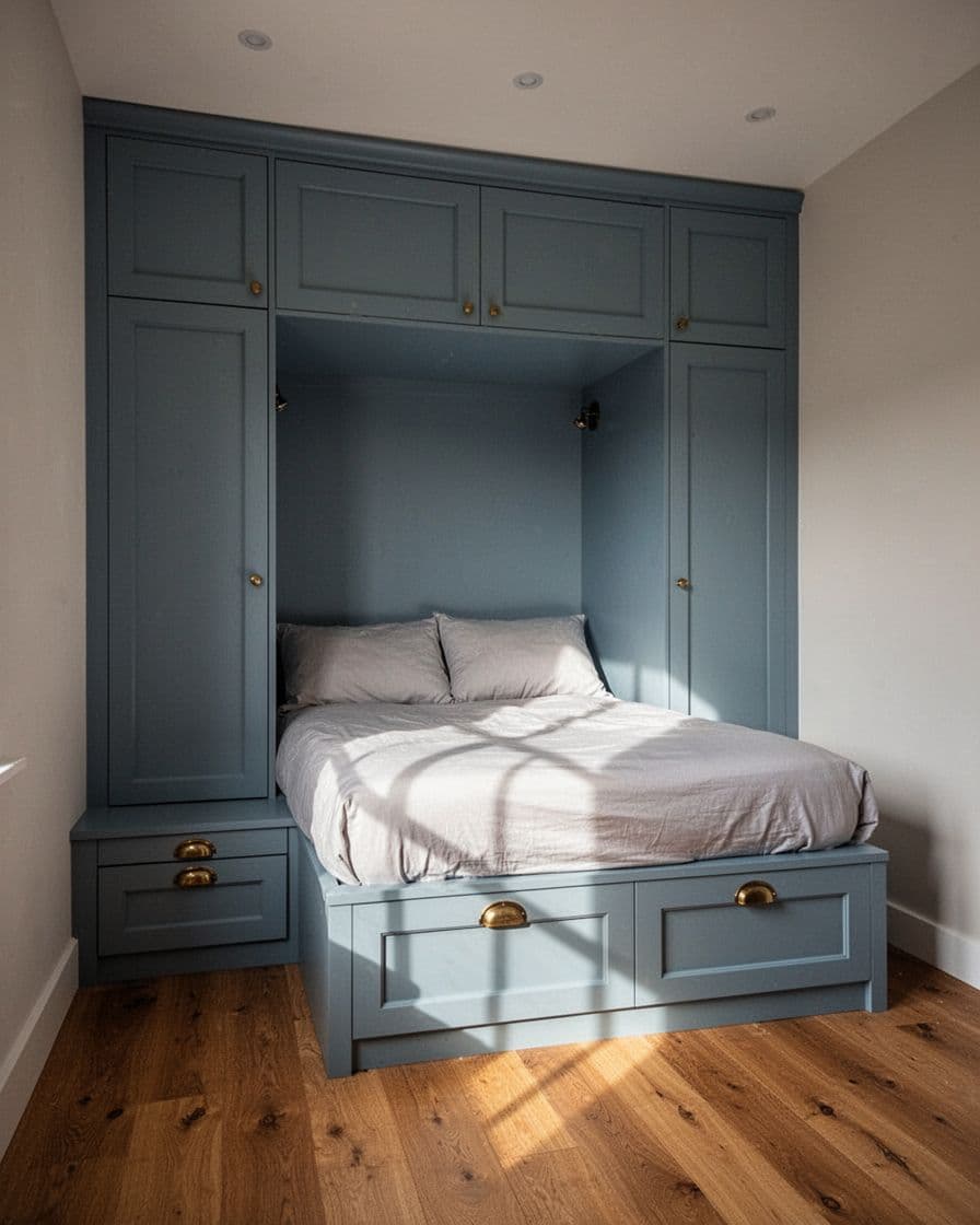 Small bedroom with a blue wardrobe built into the alcove at the foot of the bed.