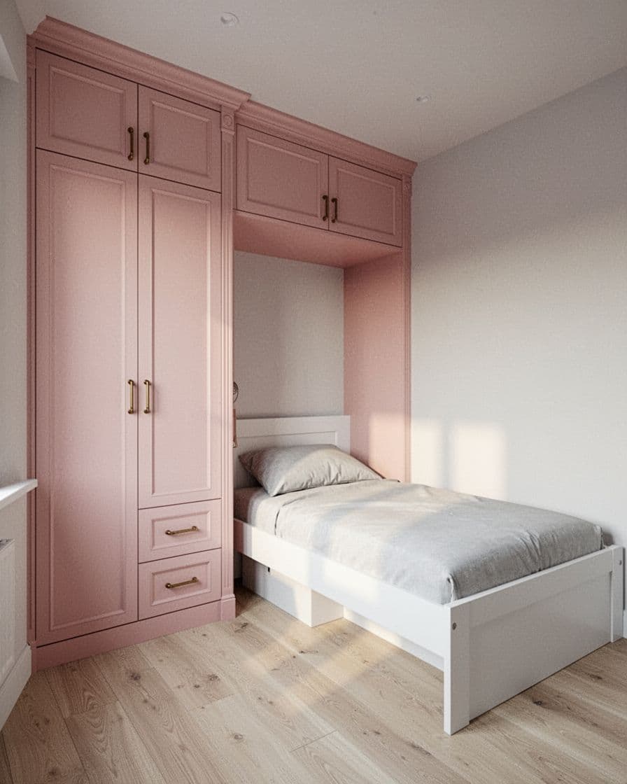 A small white bed faces a blush pink wardrobe in soft morning light.