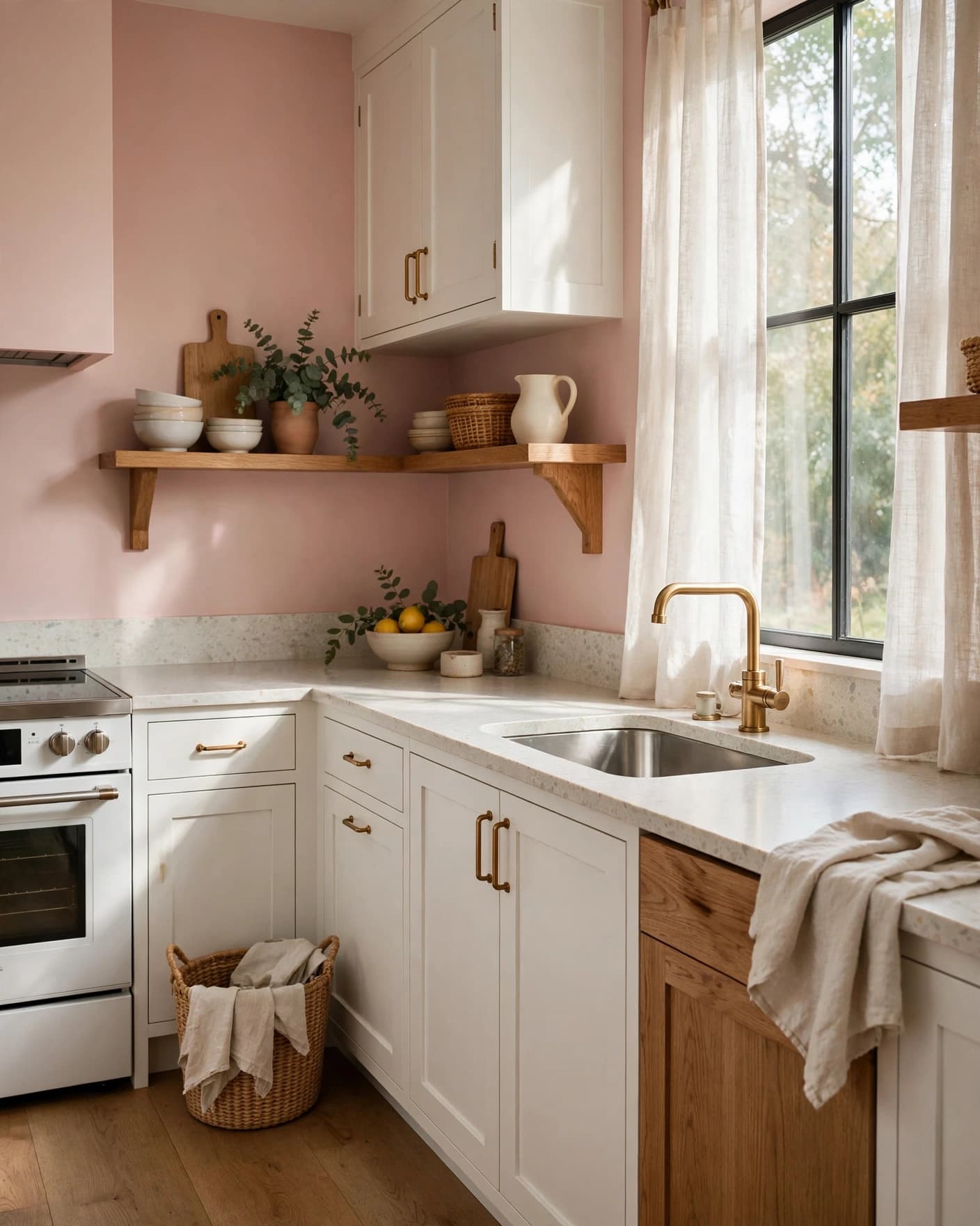 A soft pink kitchen with white cabinets, terrazzo counters, and oak details.