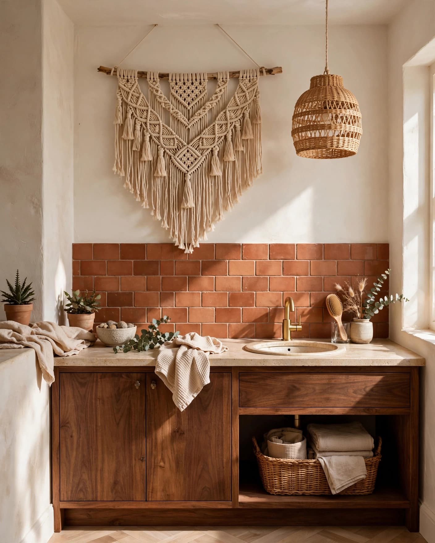 Macrame hanging above a terracotta backsplash and walnut vanity in a sunny bathroom.