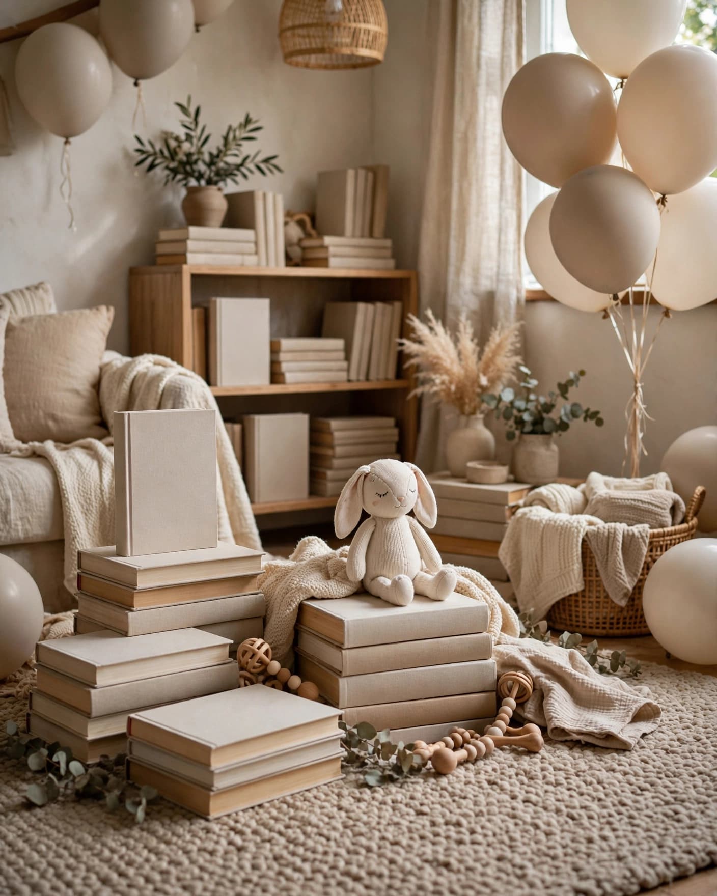 Book-themed baby sprinkle decor with stacked books, a plush bunny, balloons, and a soft rug.