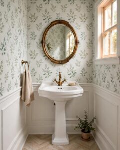 Compact bathroom with botanical wallpaper, a pedestal sink, and brass-framed mirror.
