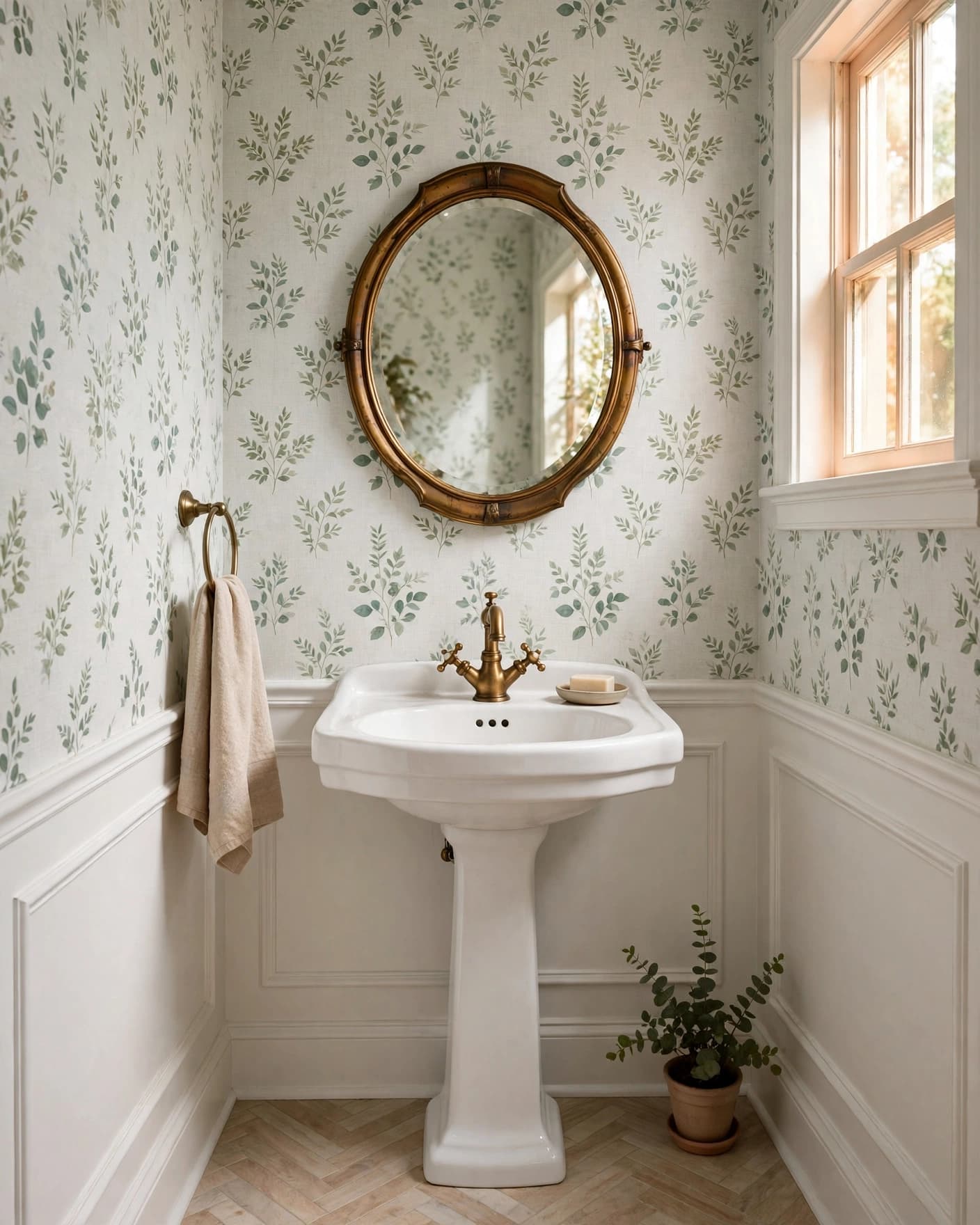 Compact bathroom with botanical wallpaper, a pedestal sink, and brass-framed mirror.