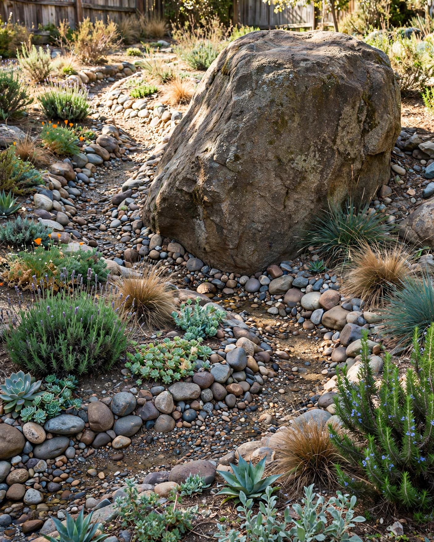 A large boulder anchors a curving stone creek bed among drought-tolerant plants.