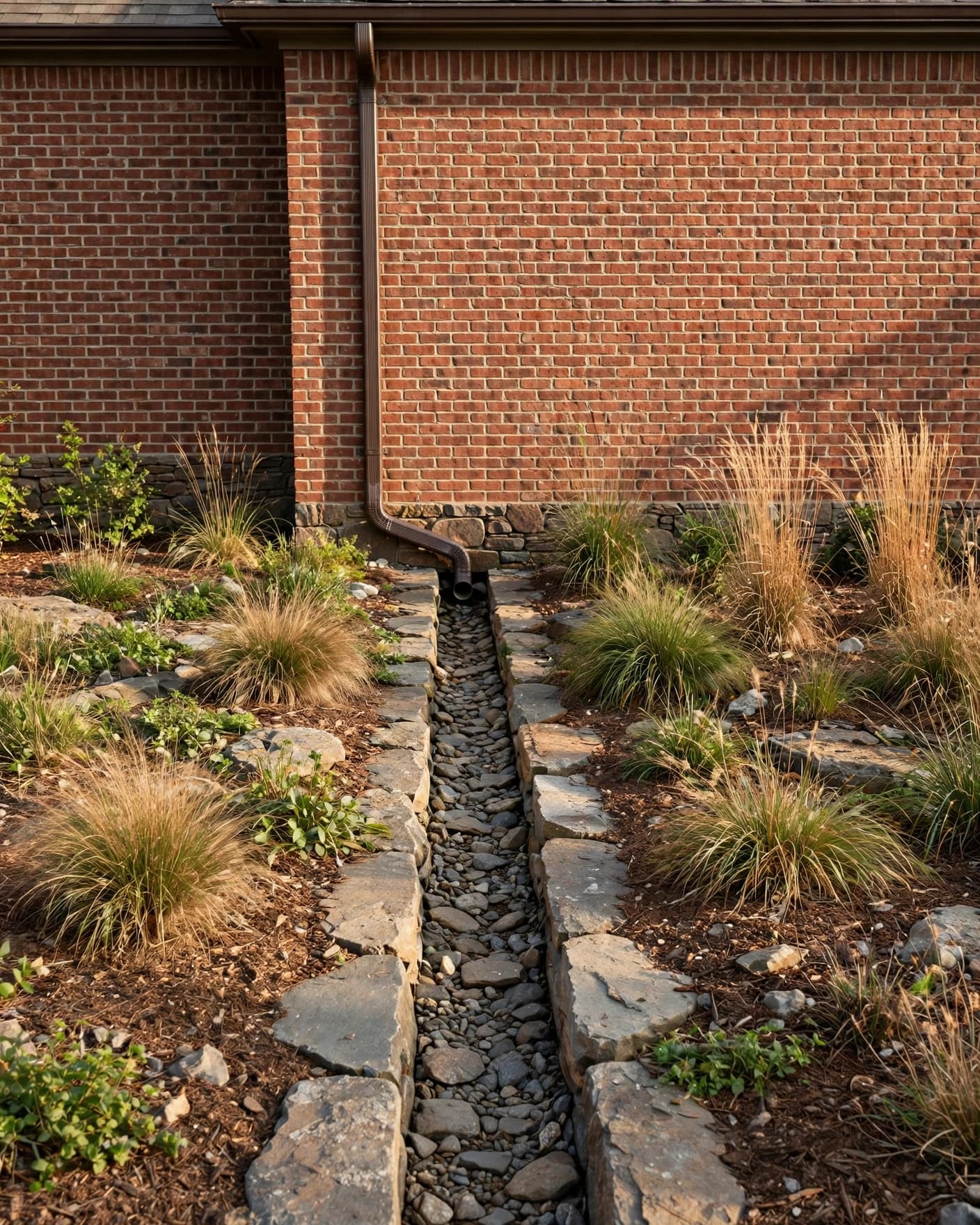 Brick home downspout draining into a stone-lined channel among grasses and mulch.
