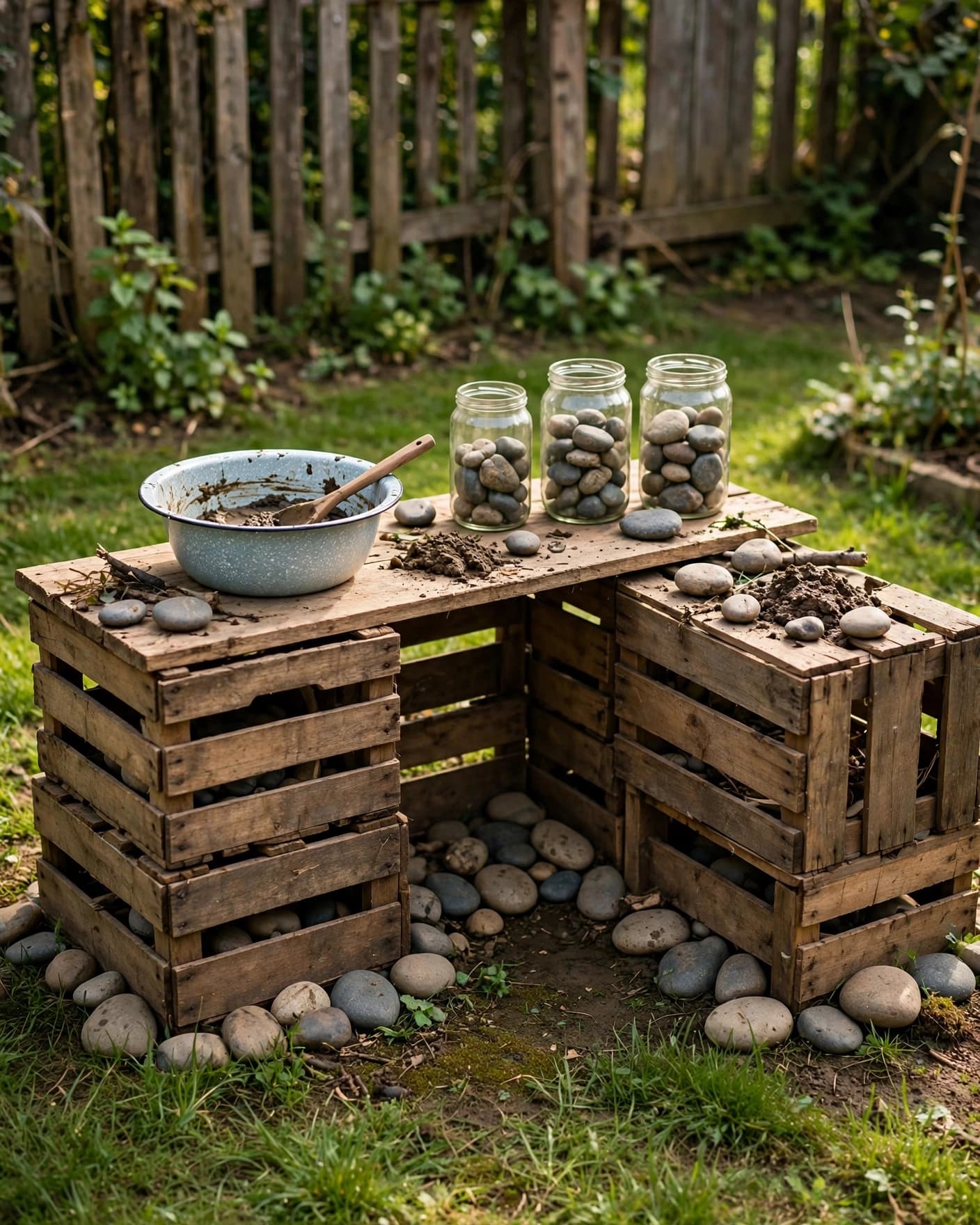 A simple mud kitchen made from crates, a plank, jars, and stones on grass.