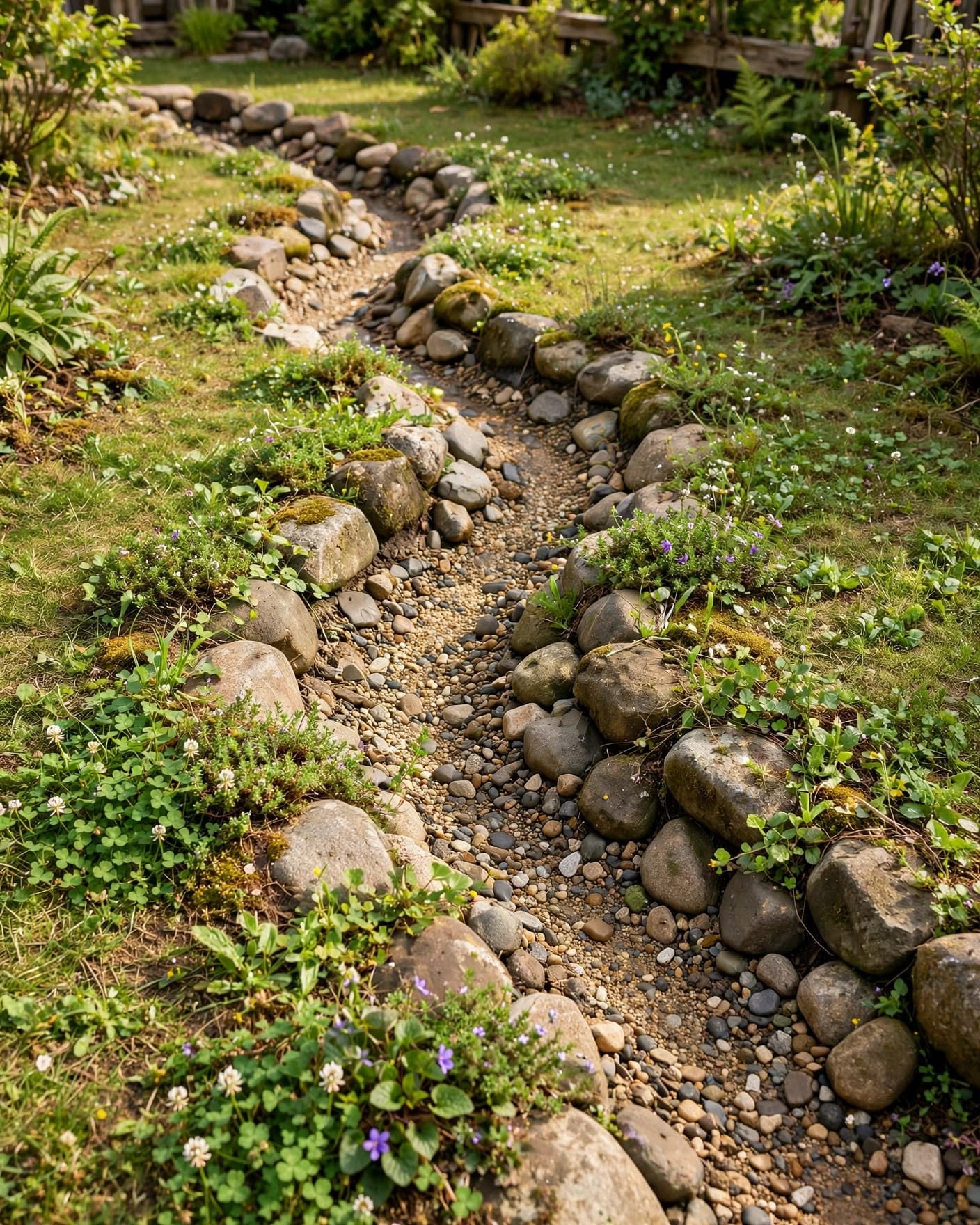 A natural stone creek bed winding through a small lawn with native plants.