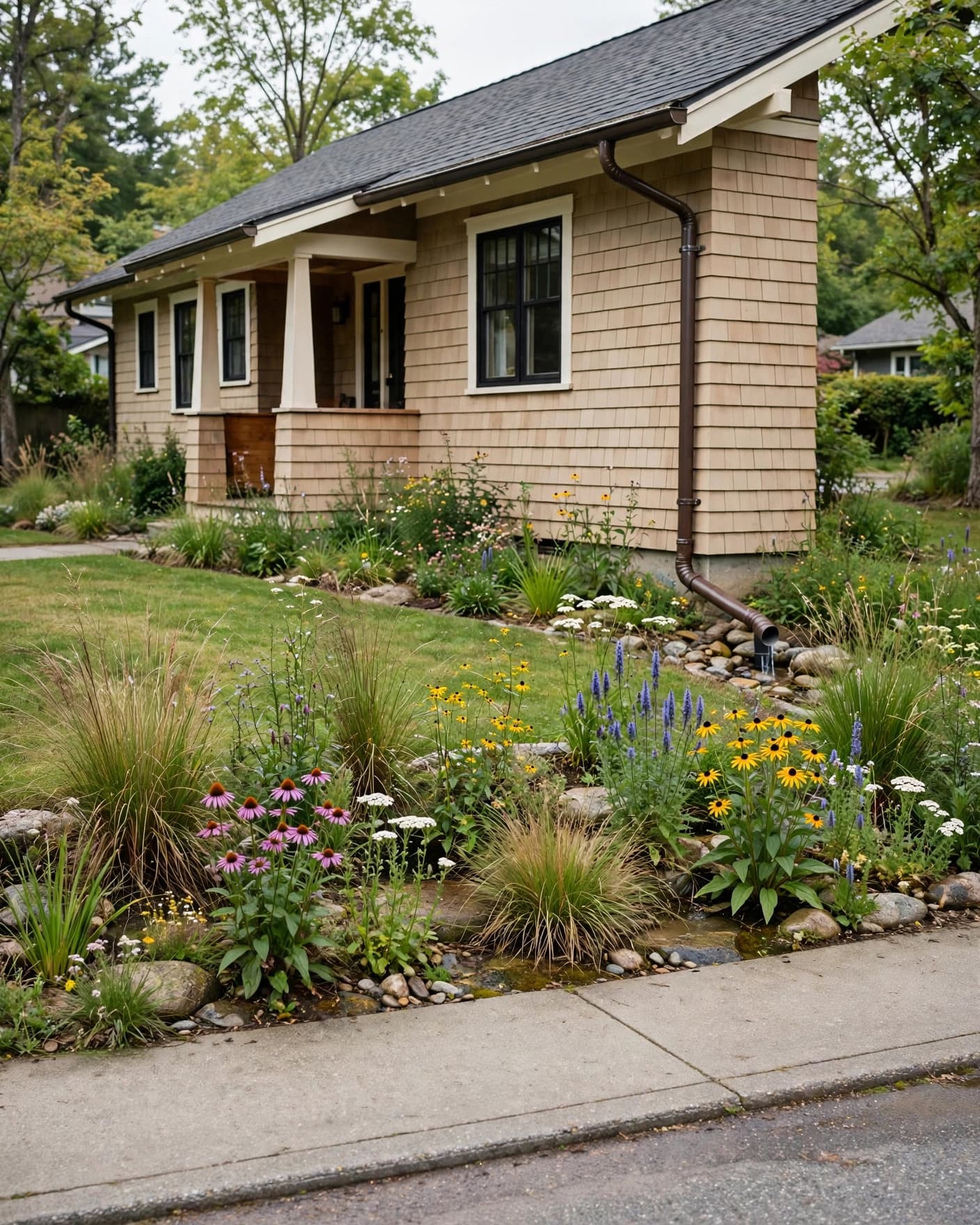 A bungalow with a downspout leading to a flower-filled curbside rain garden.