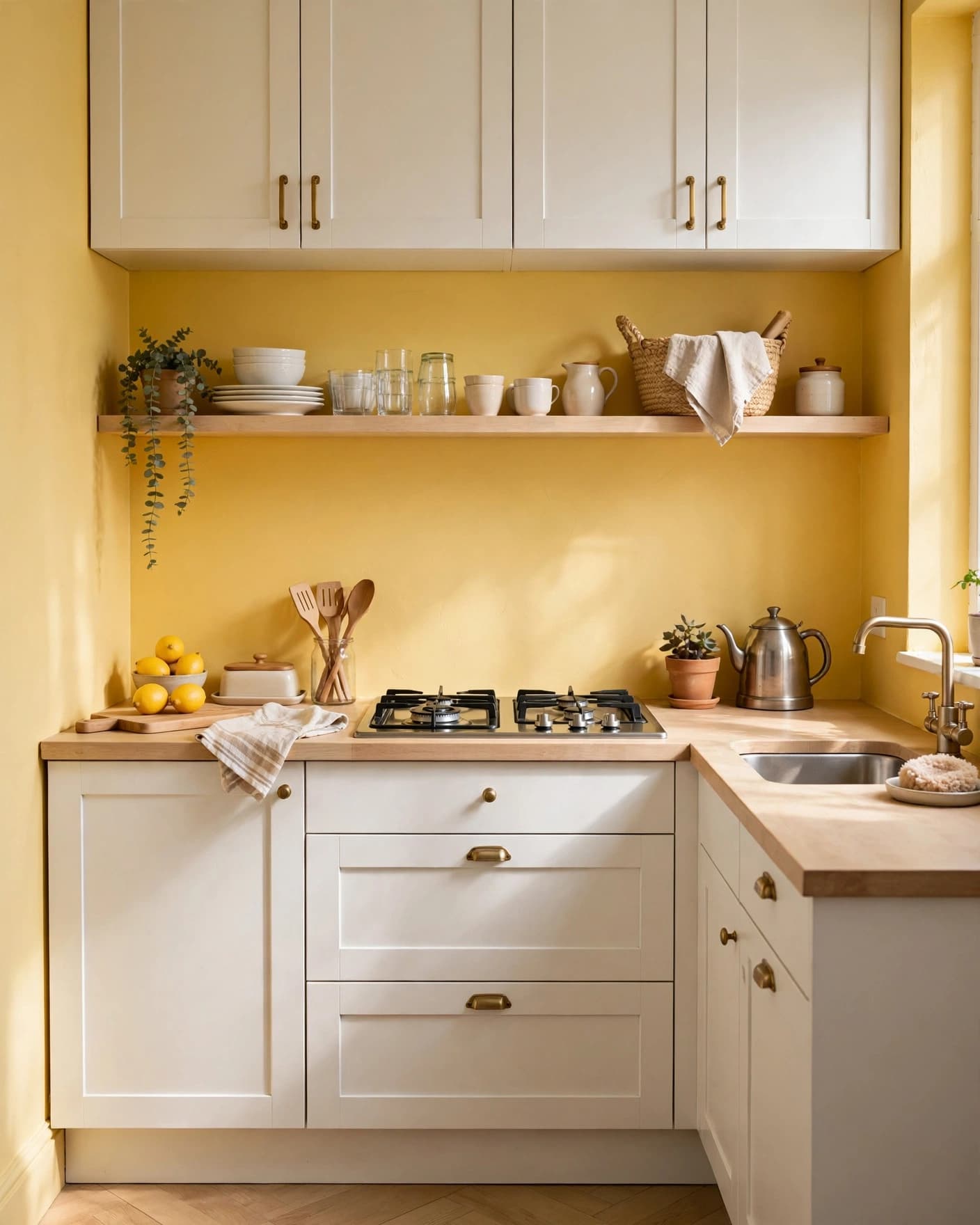 Compact yellow kitchen with white cabinets and pale wood shelves in warm daylight.