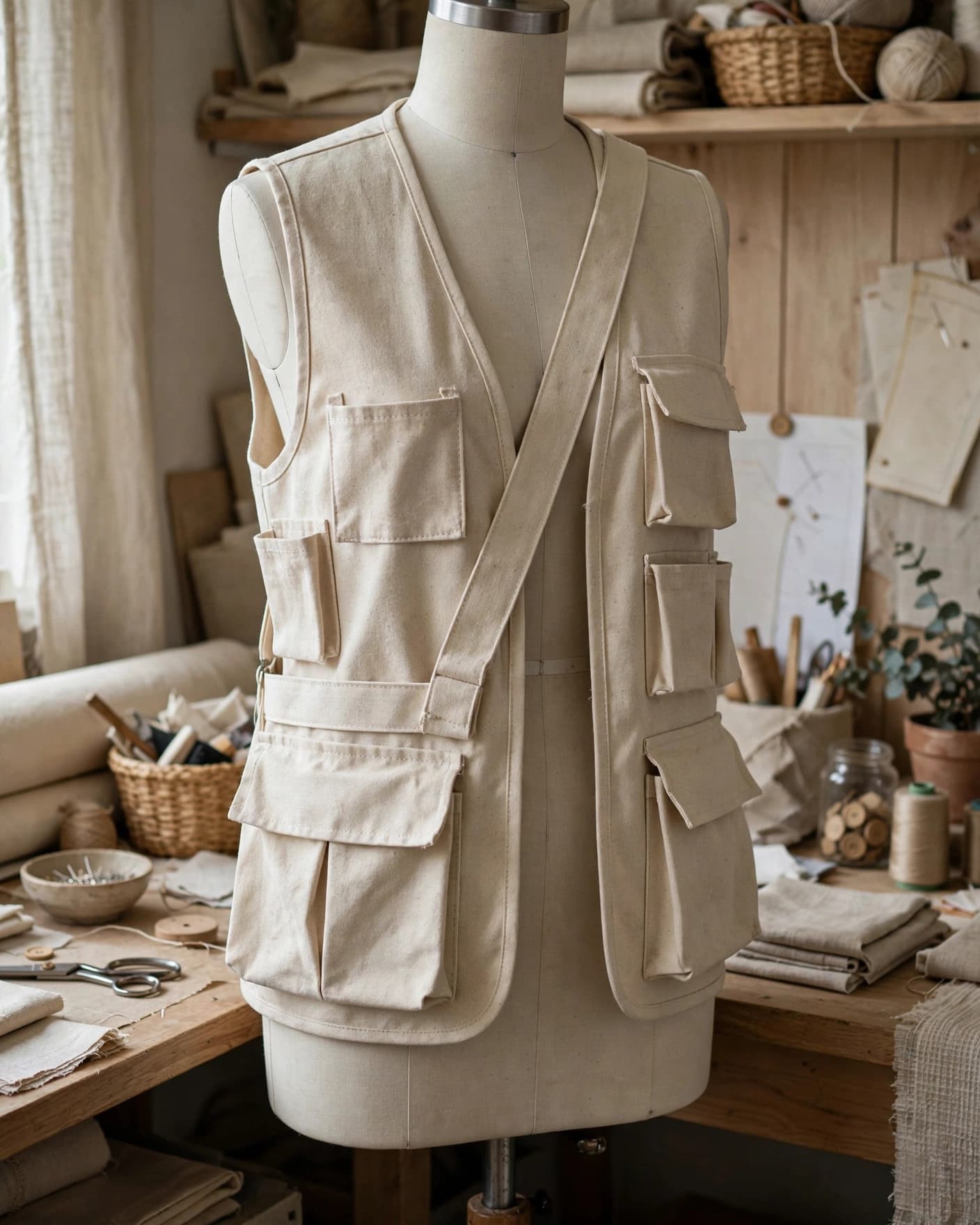 Canvas tote utility vest displayed on a dress form in a craft room.