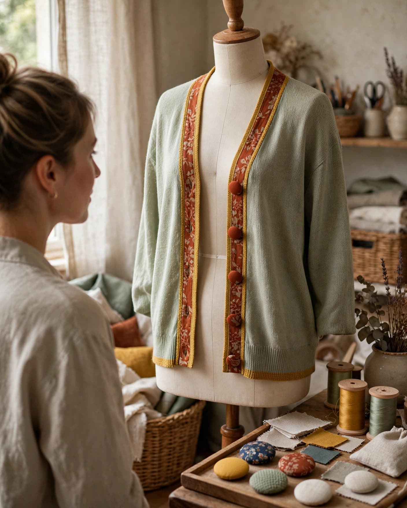 A cardigan on a dress form sits beside colorful button samples in a craft studio.