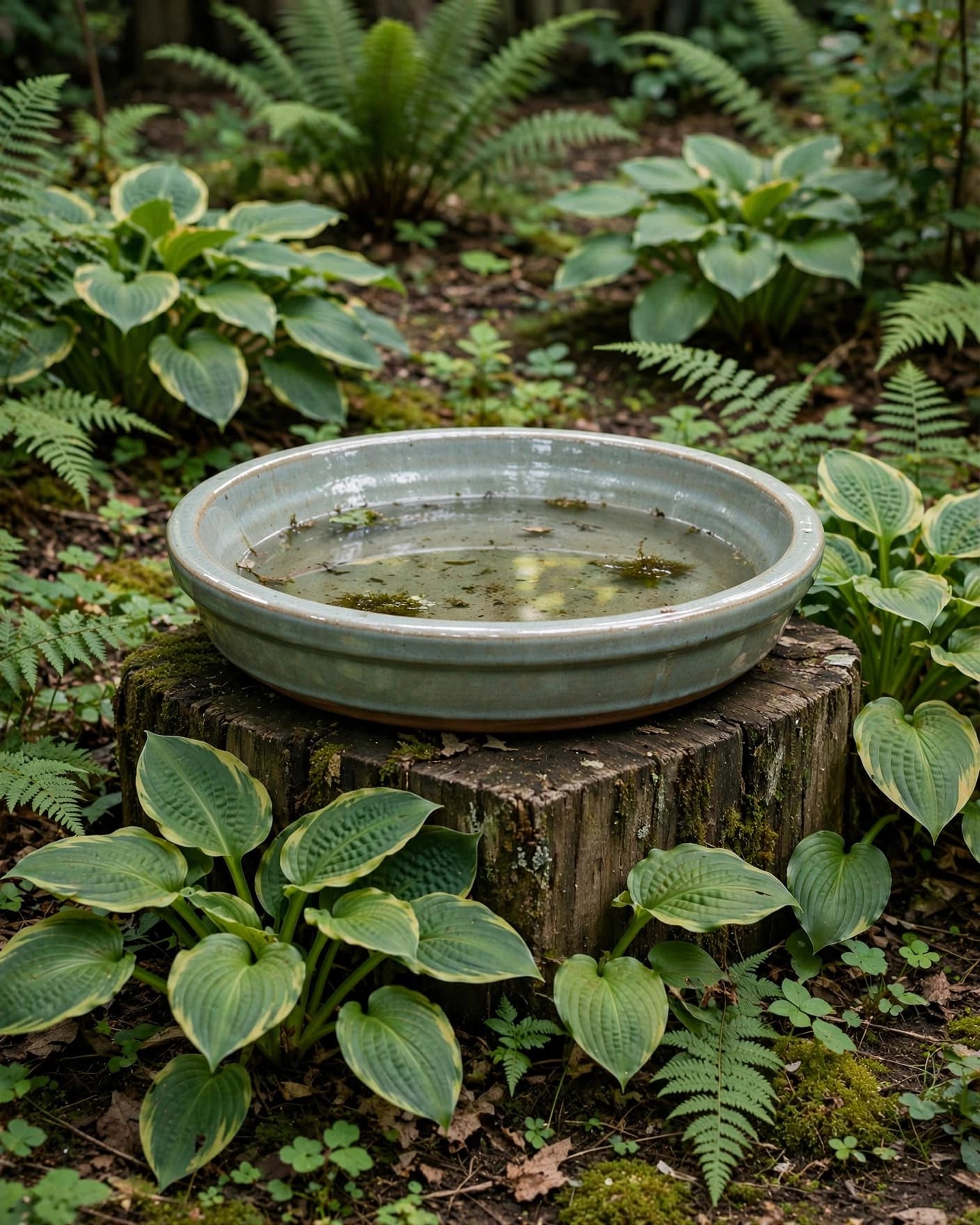 A ceramic saucer bird bath sits on a wooden stump among hostas and ferns.