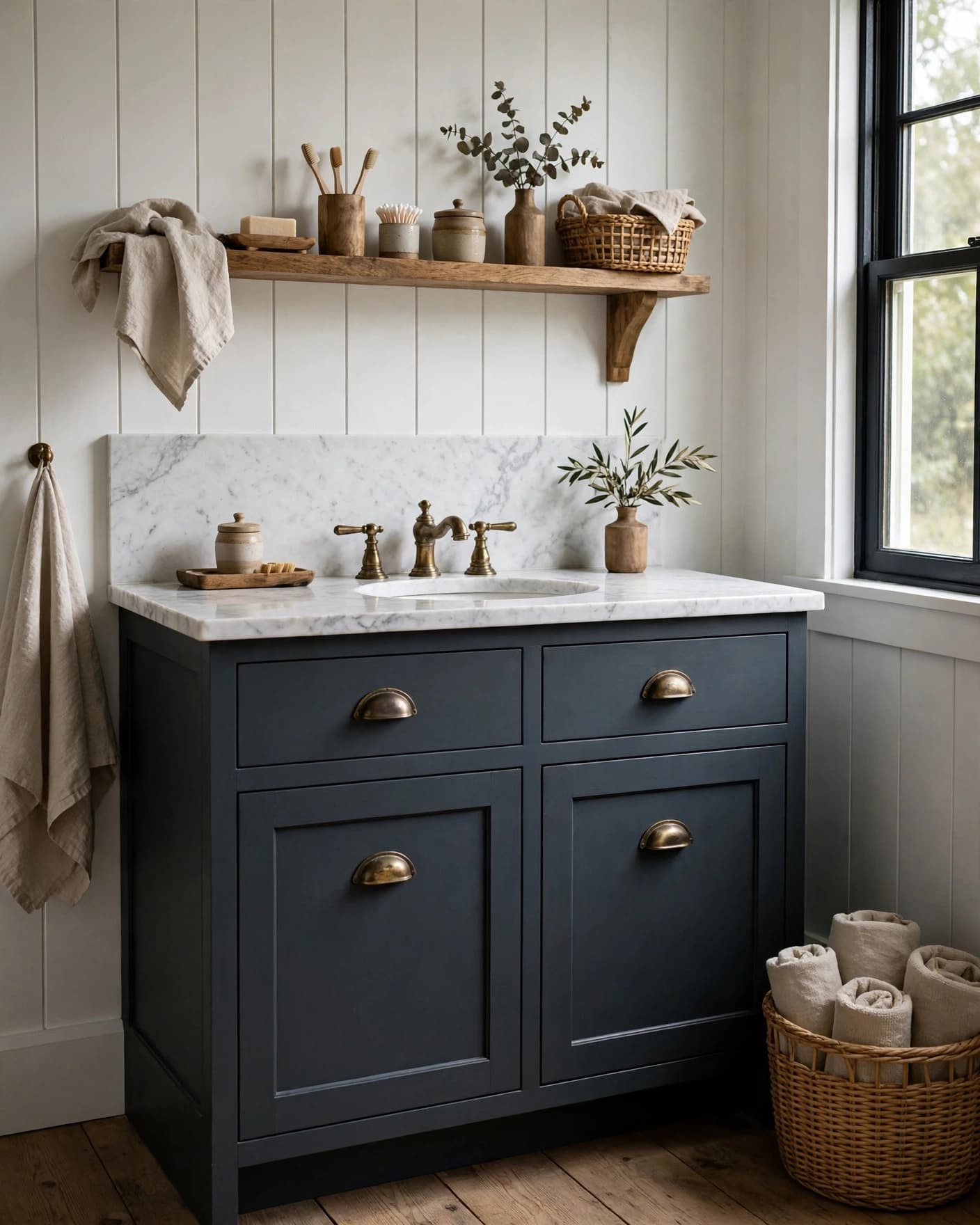Farmhouse bathroom with a charcoal blue vanity, marble backsplash, and brass pulls.