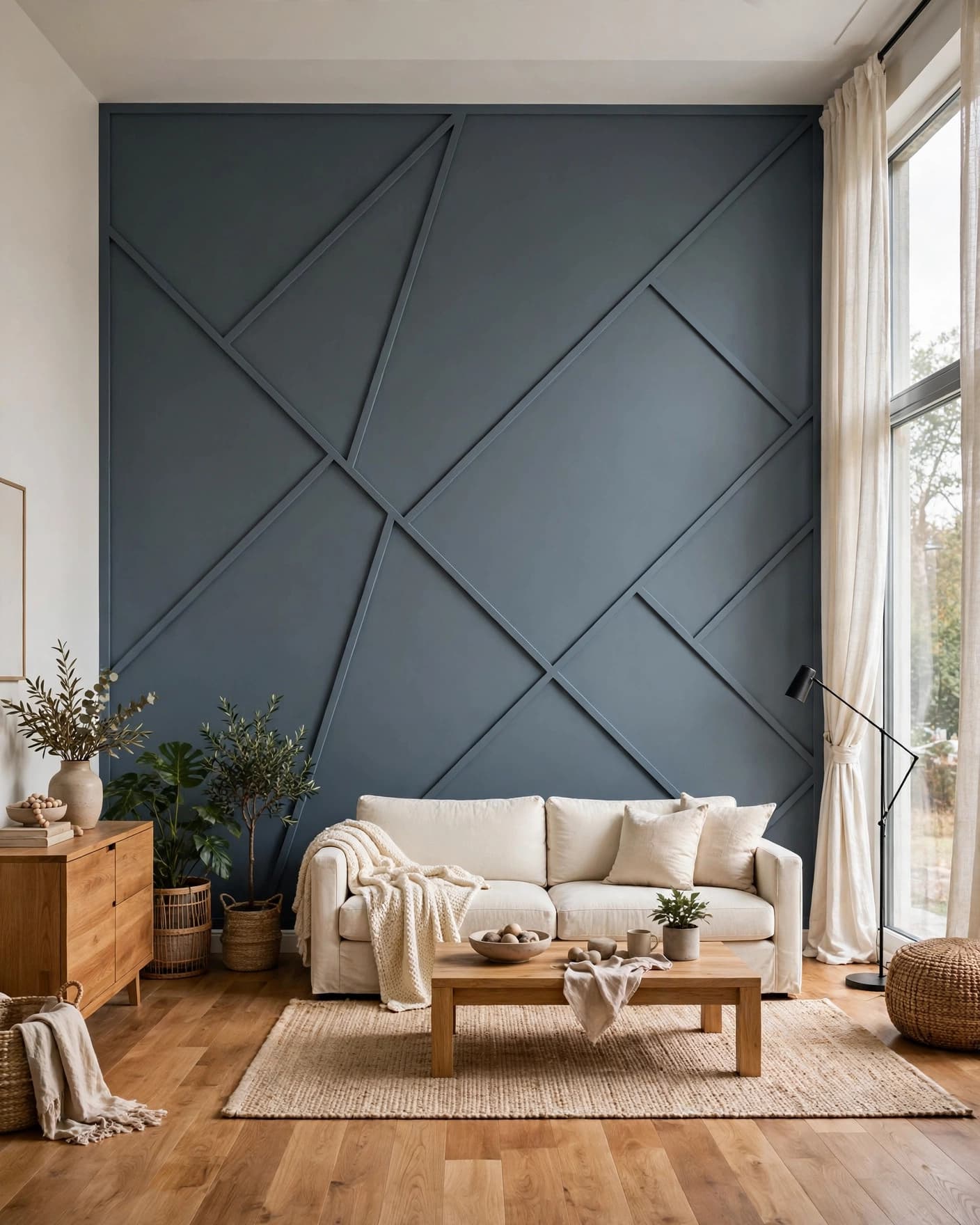 A cream sofa faces a charcoal blue wall with angular molding.
