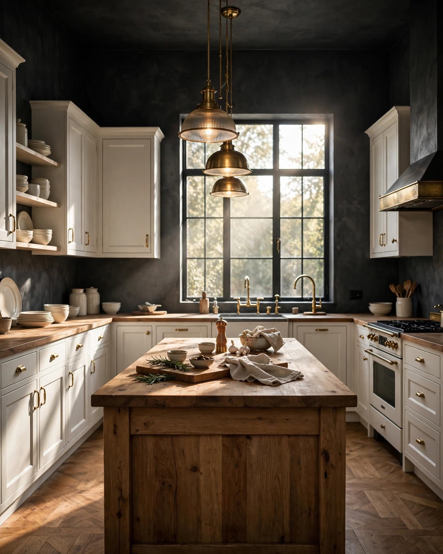 Bold kitchen with charcoal walls, white cabinets, a wood island, and brass fixtures.