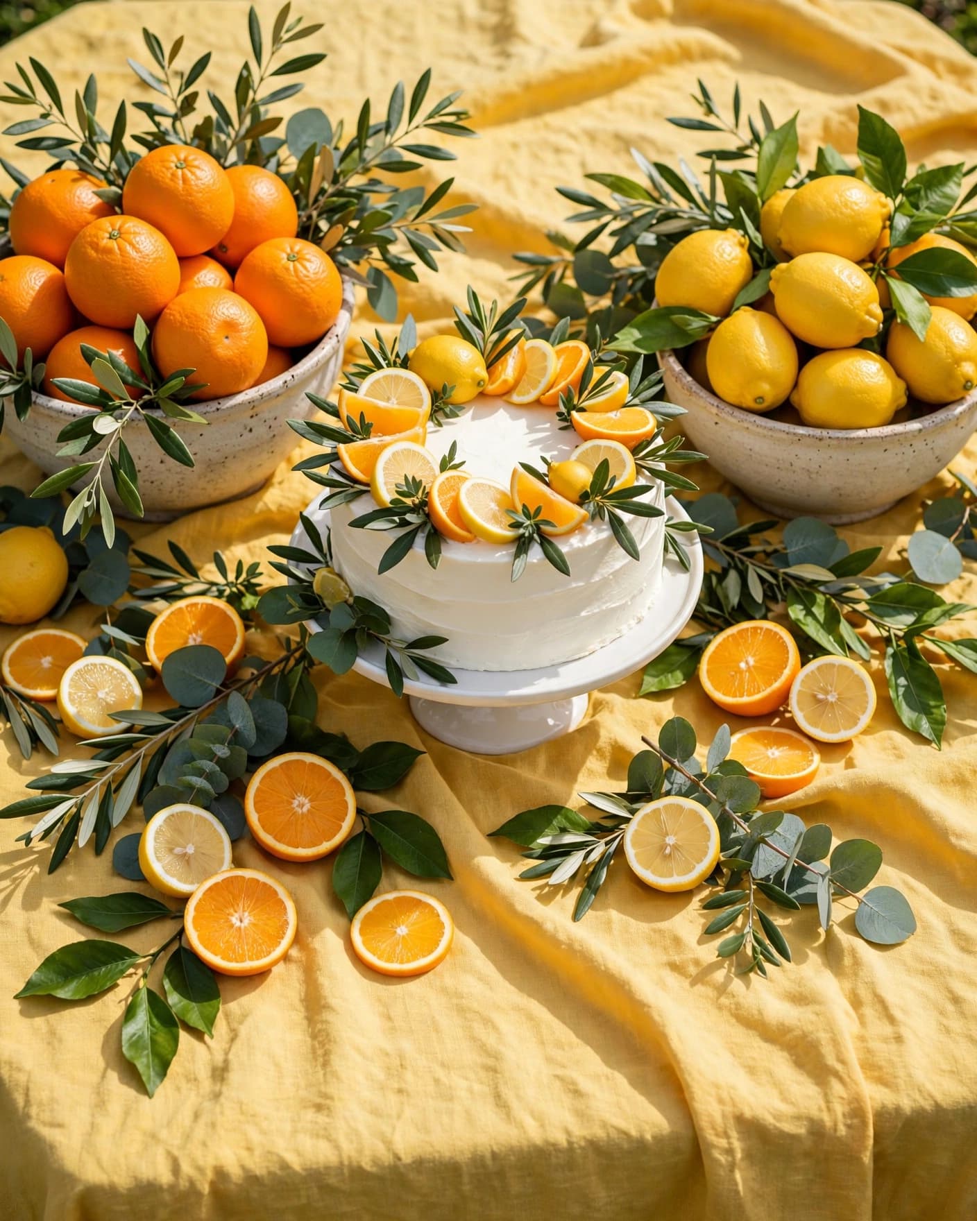 A citrus-themed dessert table with white cake, fruit bowls, greenery, and yellow linen accents.