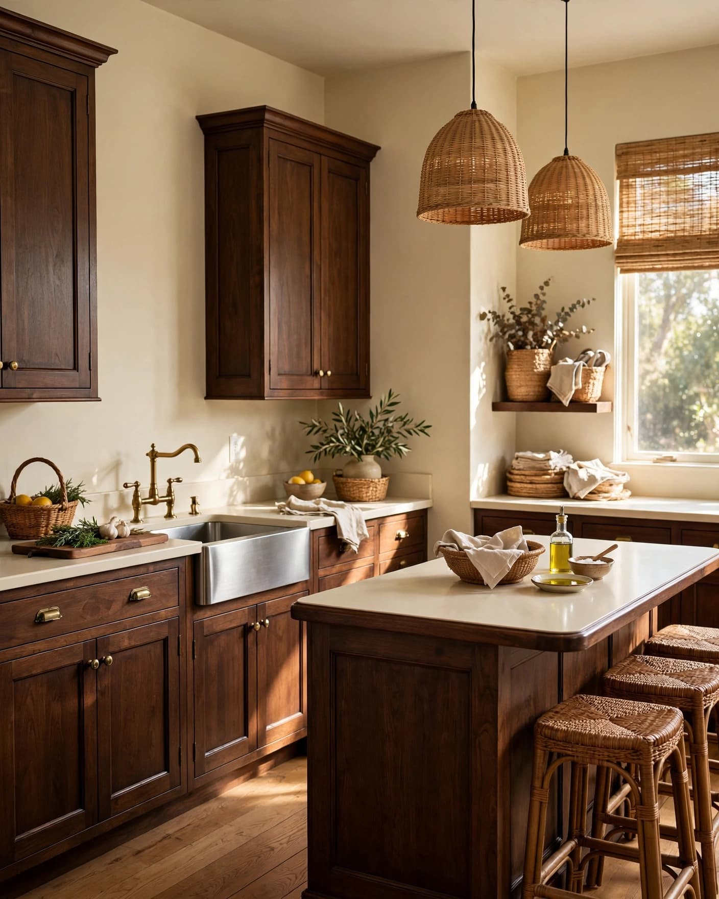 Classic kitchen with beige walls, walnut cabinets, ivory counters, and woven accents.