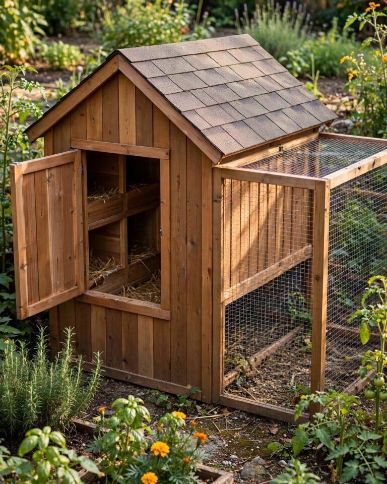 Cedar chicken coop with a gable roof, wire run, and open nesting-box panel.
