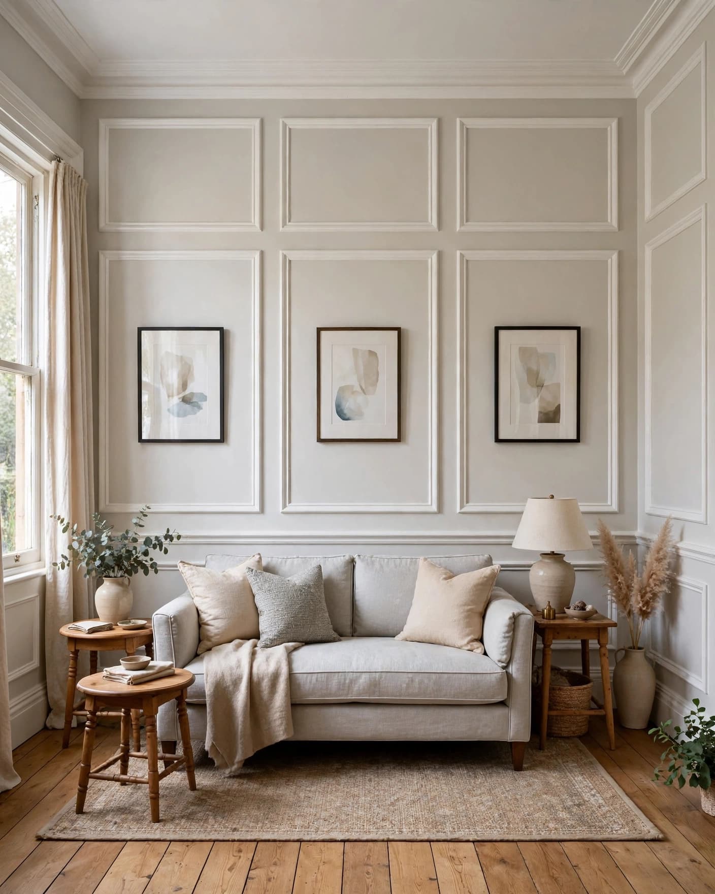 A tailored sofa and small tables sit beneath framed art on paneled gray walls.