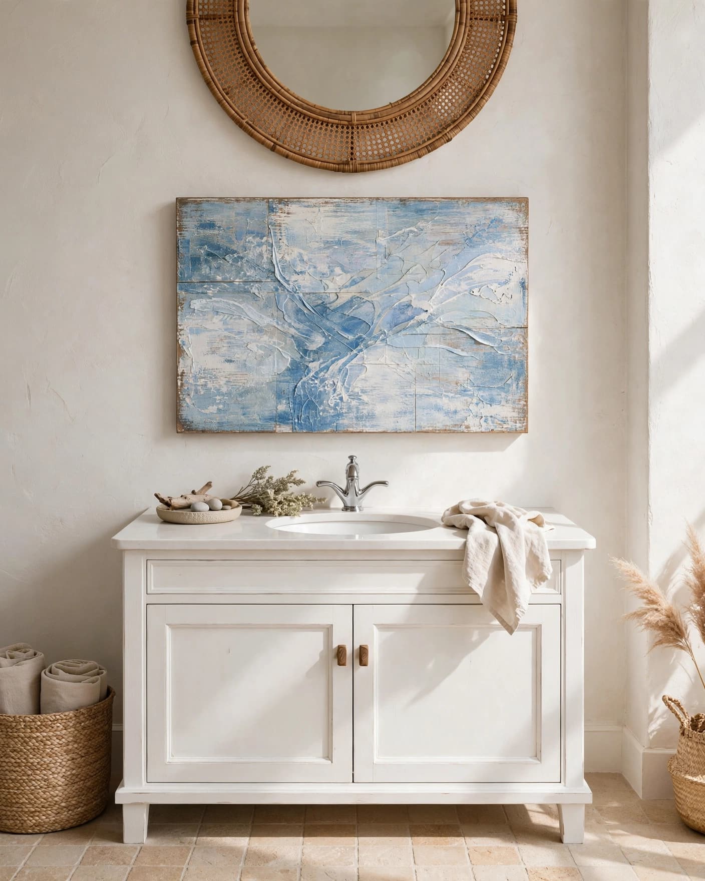 Coastal bathroom with a white vanity, rattan mirror, and blue-textured wood art.