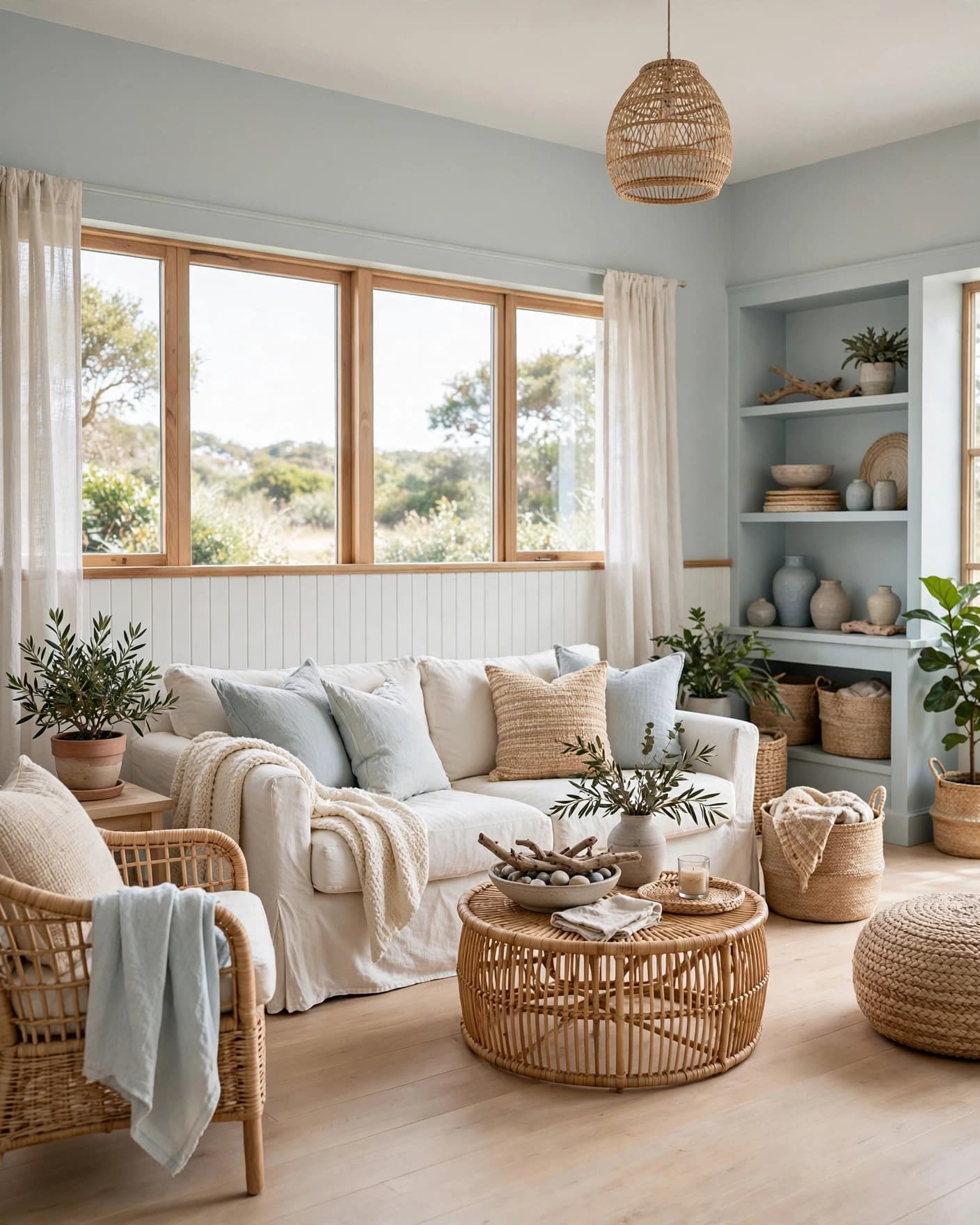 A bright living room with white beadboard walls, a slipcovered sofa, and woven accents.