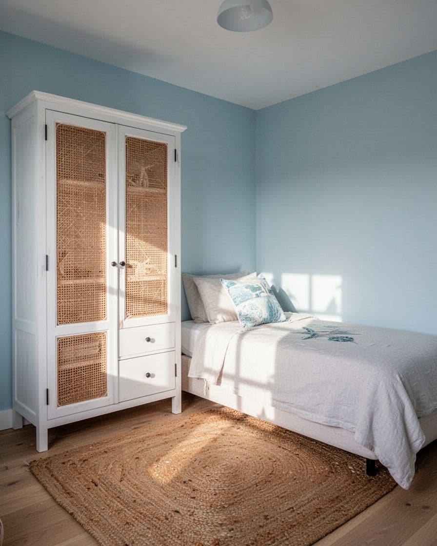 Small bedroom with a white rattan-door closet, compact bed, and jute rug.