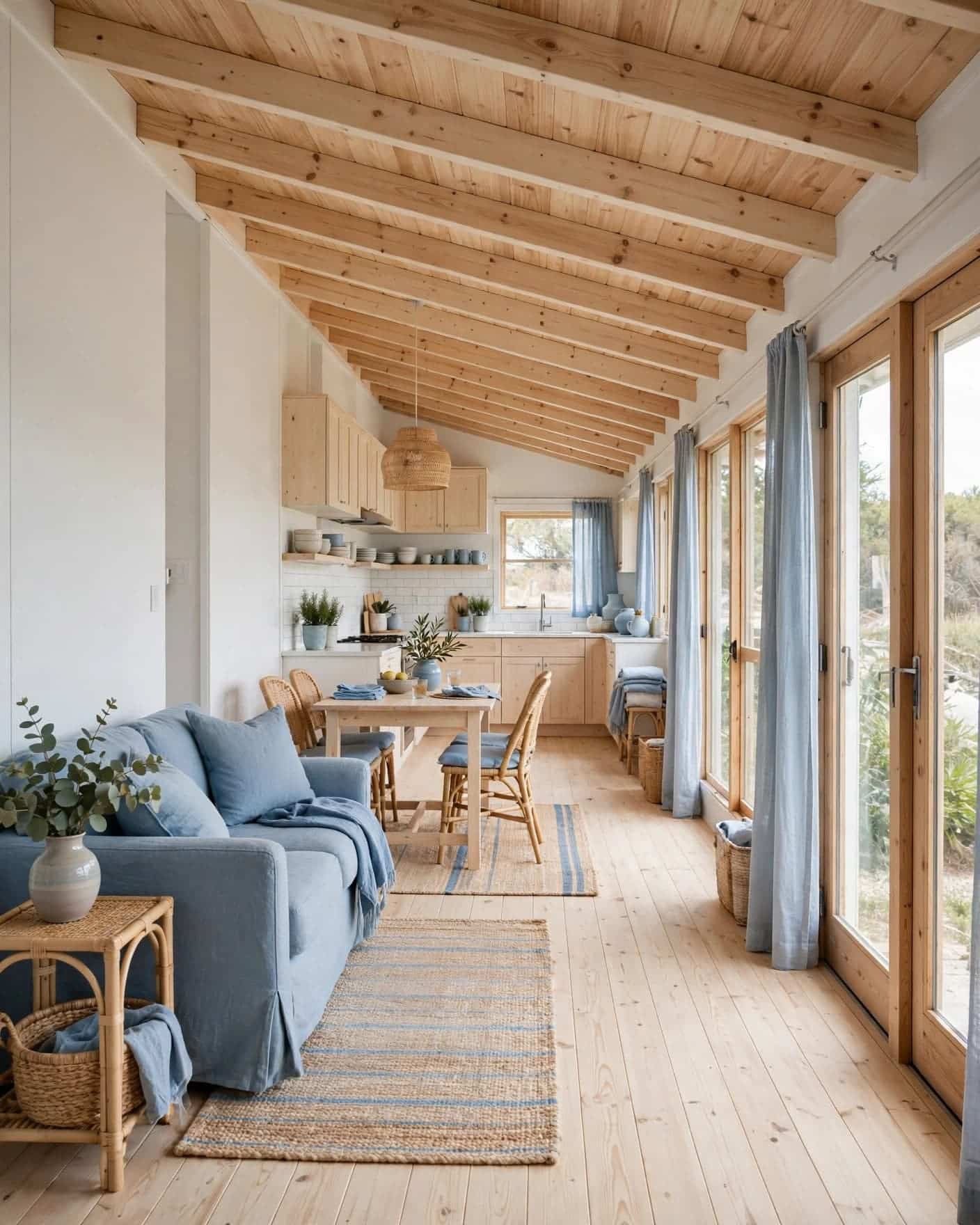 A long, bright shed house with a sofa, dining area, and kitchen.