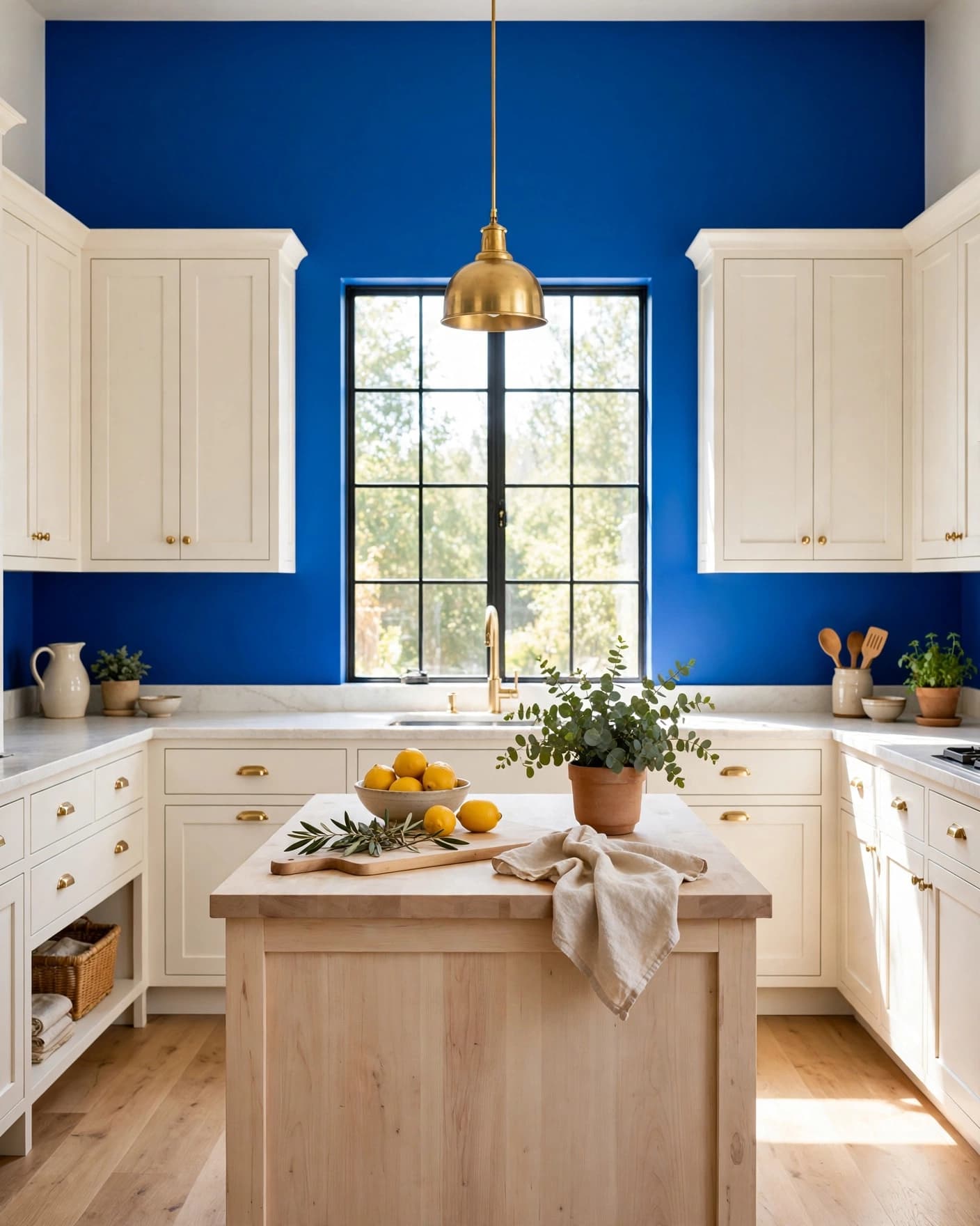 Kitchen with a cobalt blue wall, white cabinets, and a pale wood island.