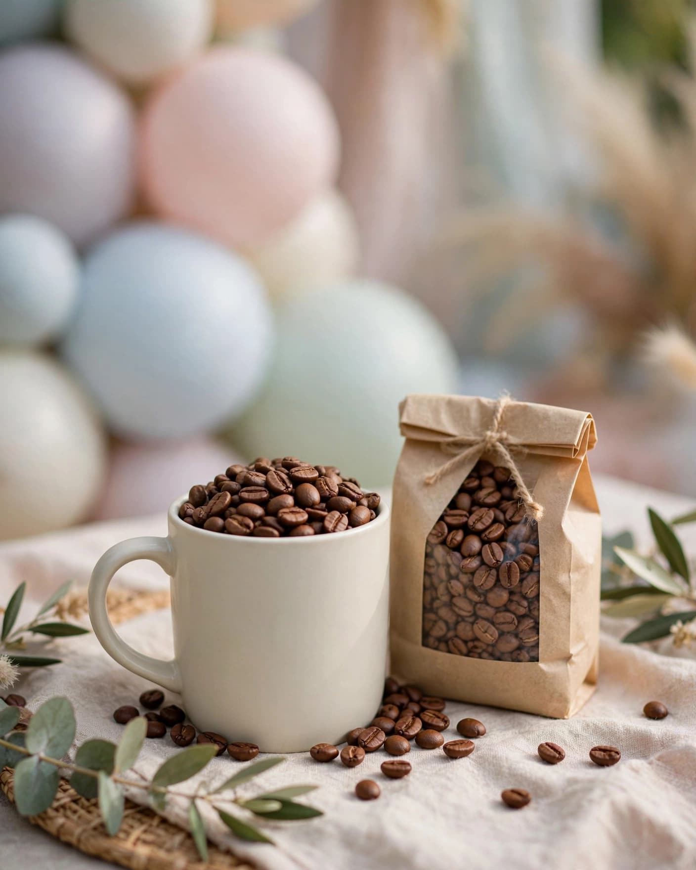 A coffee mug and gourmet coffee bag arranged with pastel balloons.