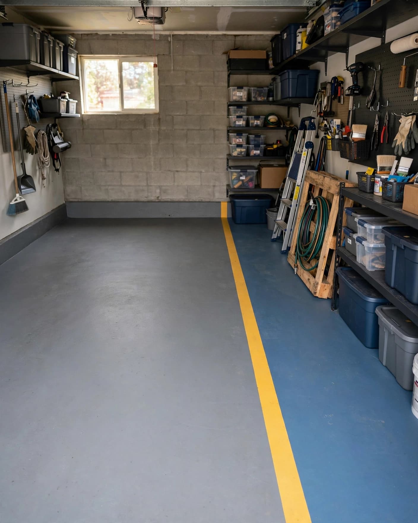 Compact garage with colored floor zones, wall storage, and a clear walking path.