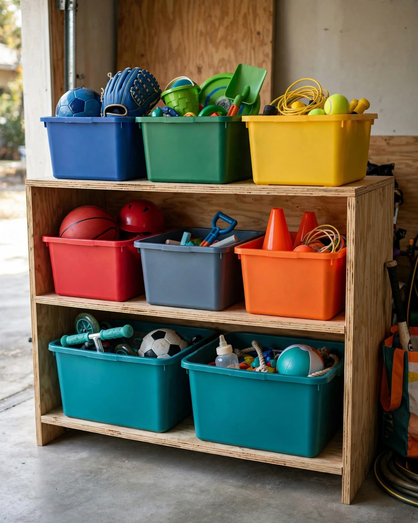 Color-coded bins hold sports gear and outdoor toys on a low shelf in a bright garage.
