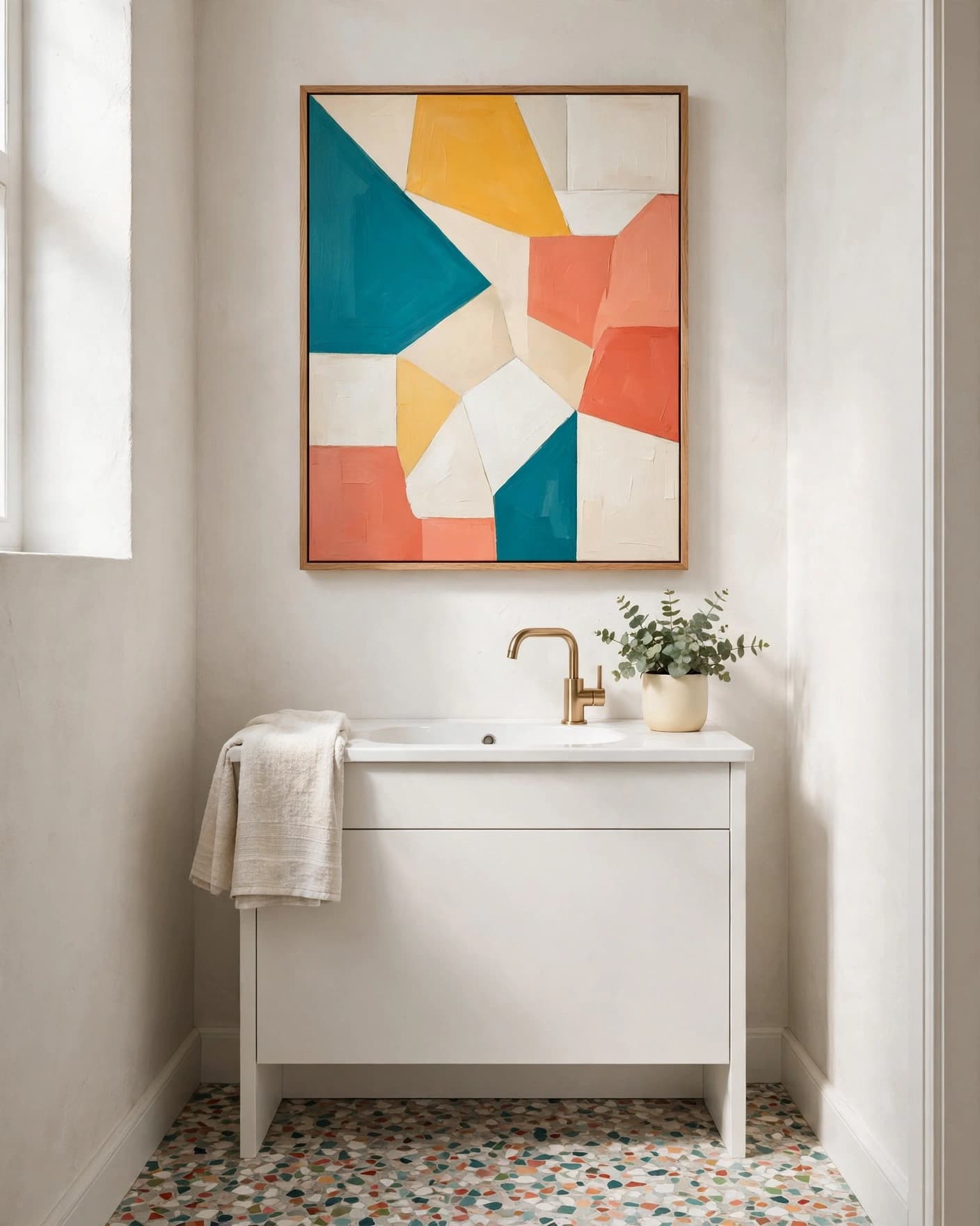 A colorful geometric canvas hangs above a white vanity in a small bathroom.